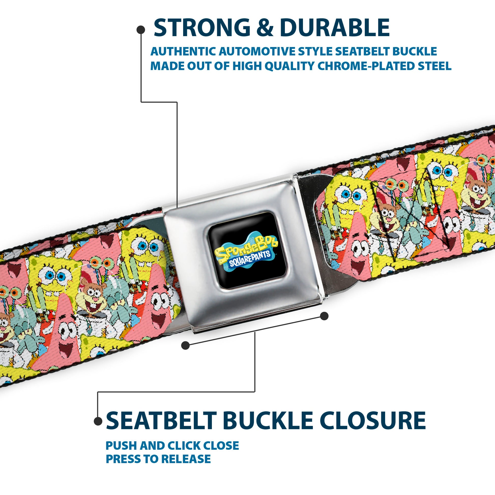 SpongeBob SquarePants Logo Full Color Black Seatbelt Belt - SpongeBob 5-Characters Stacked Webbing Seatbelt Belts SpongeBob SquarePants