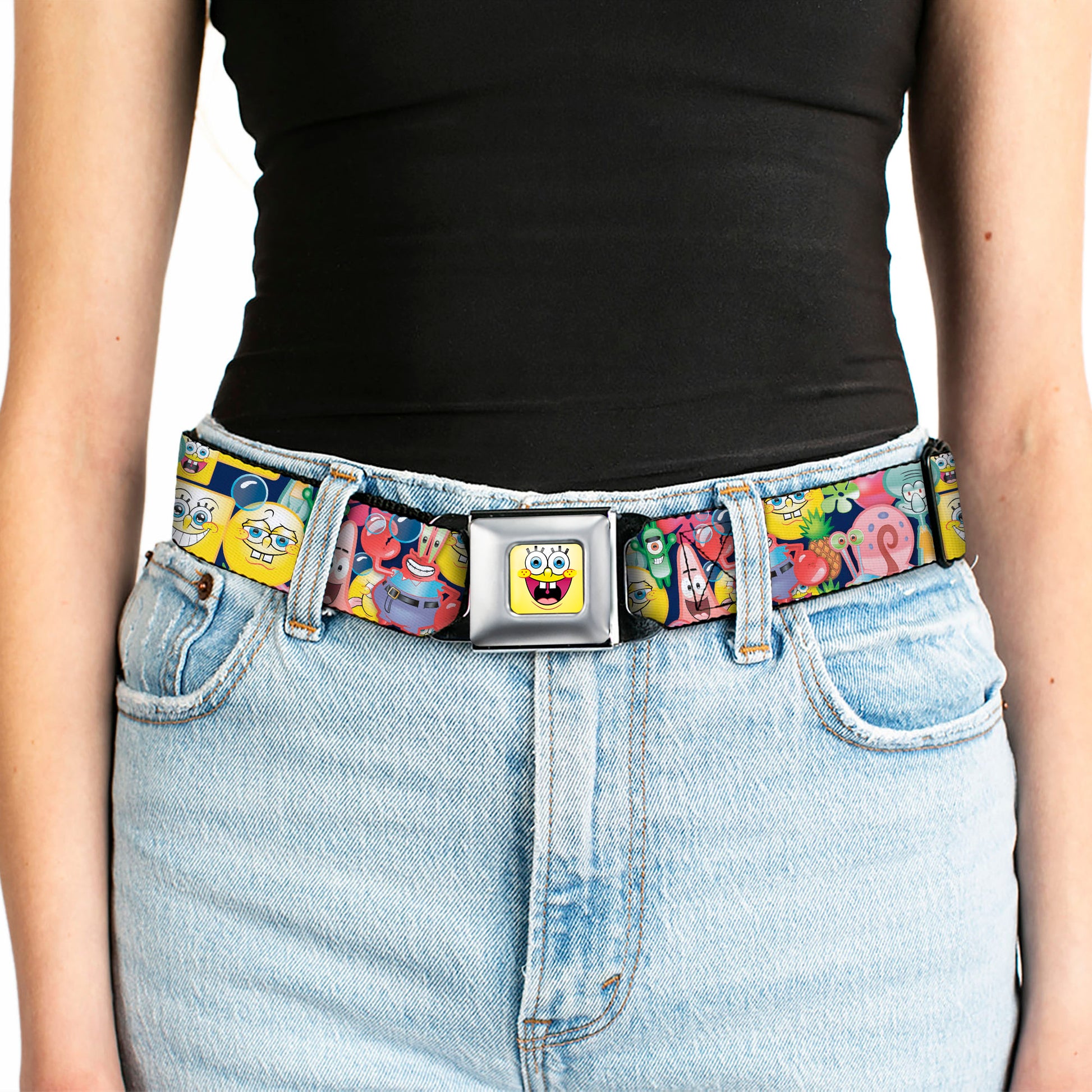 SpongeBob Open Mouth Smile Full Color Seatbelt Belt - SpongeBob Expressions & Friends Stacked Webbing Seatbelt Belts SpongeBob SquarePants