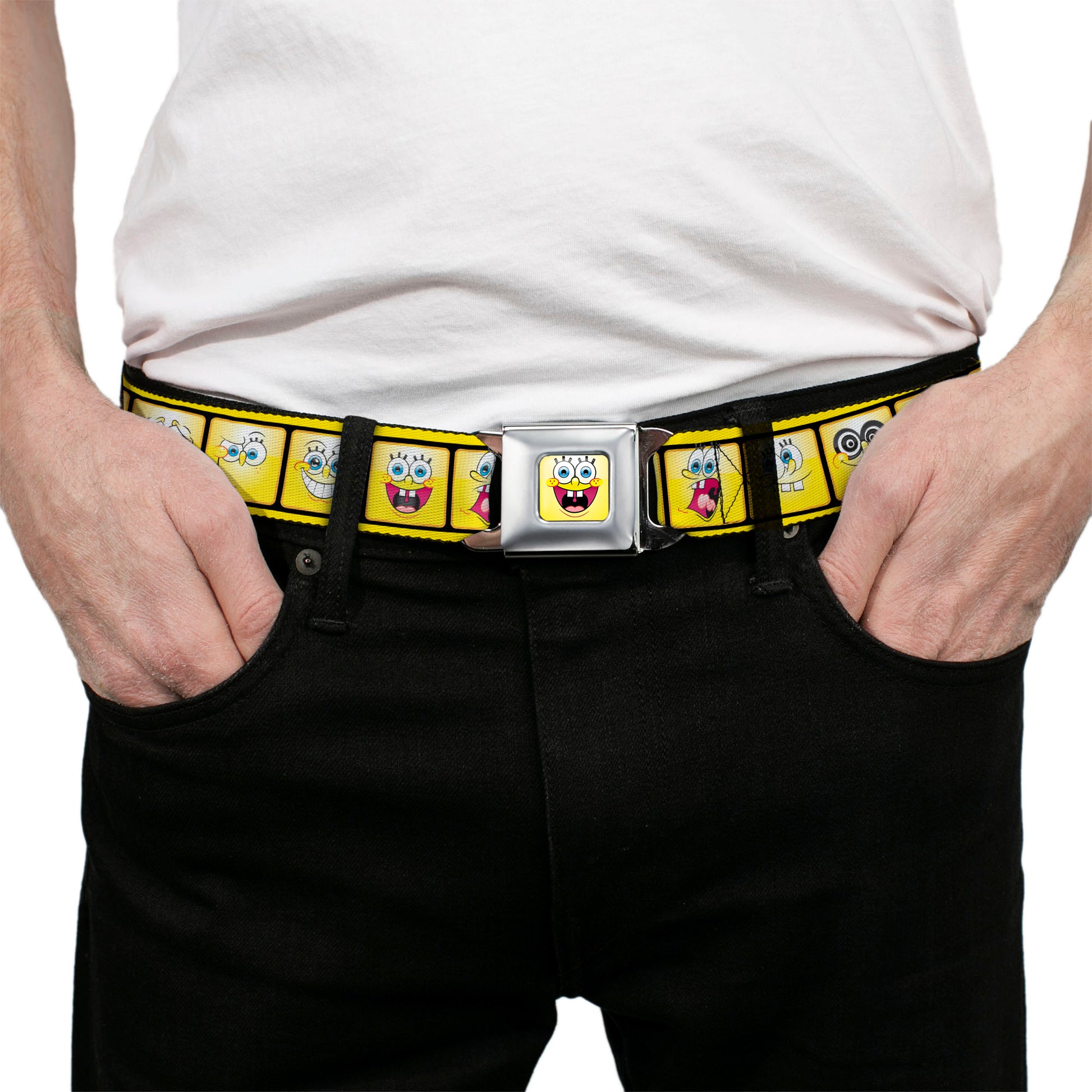 SpongeBob Open Mouth Smile Full Color Seatbelt Belt - SpongeBob 10-Expressions Filmstrip Yellows/Black/White Webbing Seatbelt Belts SpongeBob SquarePants