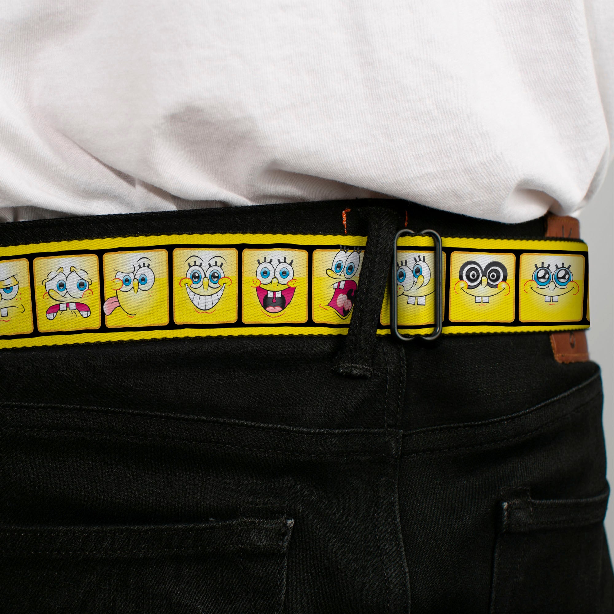 SpongeBob Open Mouth Smile Full Color Seatbelt Belt - SpongeBob 10-Expressions Filmstrip Yellows/Black/White Webbing Seatbelt Belts SpongeBob SquarePants