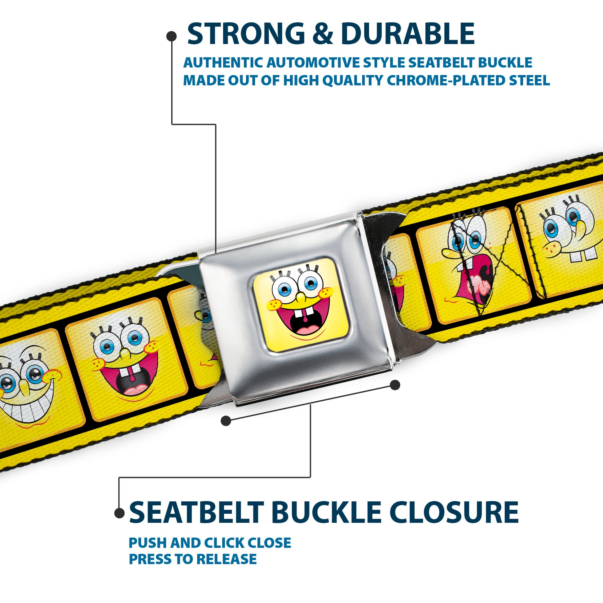SpongeBob Open Mouth Smile Full Color Seatbelt Belt - SpongeBob 10-Expressions Filmstrip Yellows/Black/White Webbing Seatbelt Belts SpongeBob SquarePants