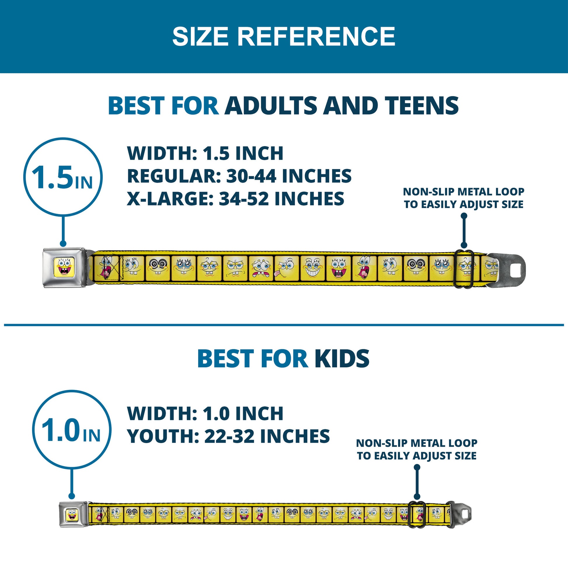 SpongeBob Open Mouth Smile Full Color Seatbelt Belt - SpongeBob 10-Expressions Filmstrip Yellows/Black/White Webbing Seatbelt Belts SpongeBob SquarePants