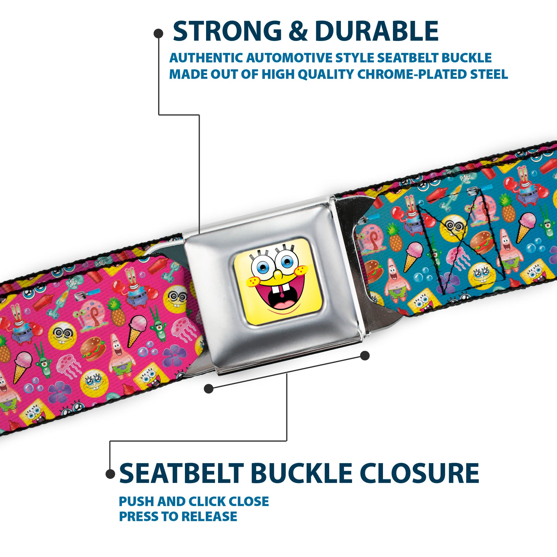 SpongeBob Open Mouth Smile Full Color Seatbelt Belt - Mini SpongeBob & Friends/Sea Creatures/Food Scattered Ombre Multi Color Webbing Seatbelt Belts SpongeBob SquarePants
