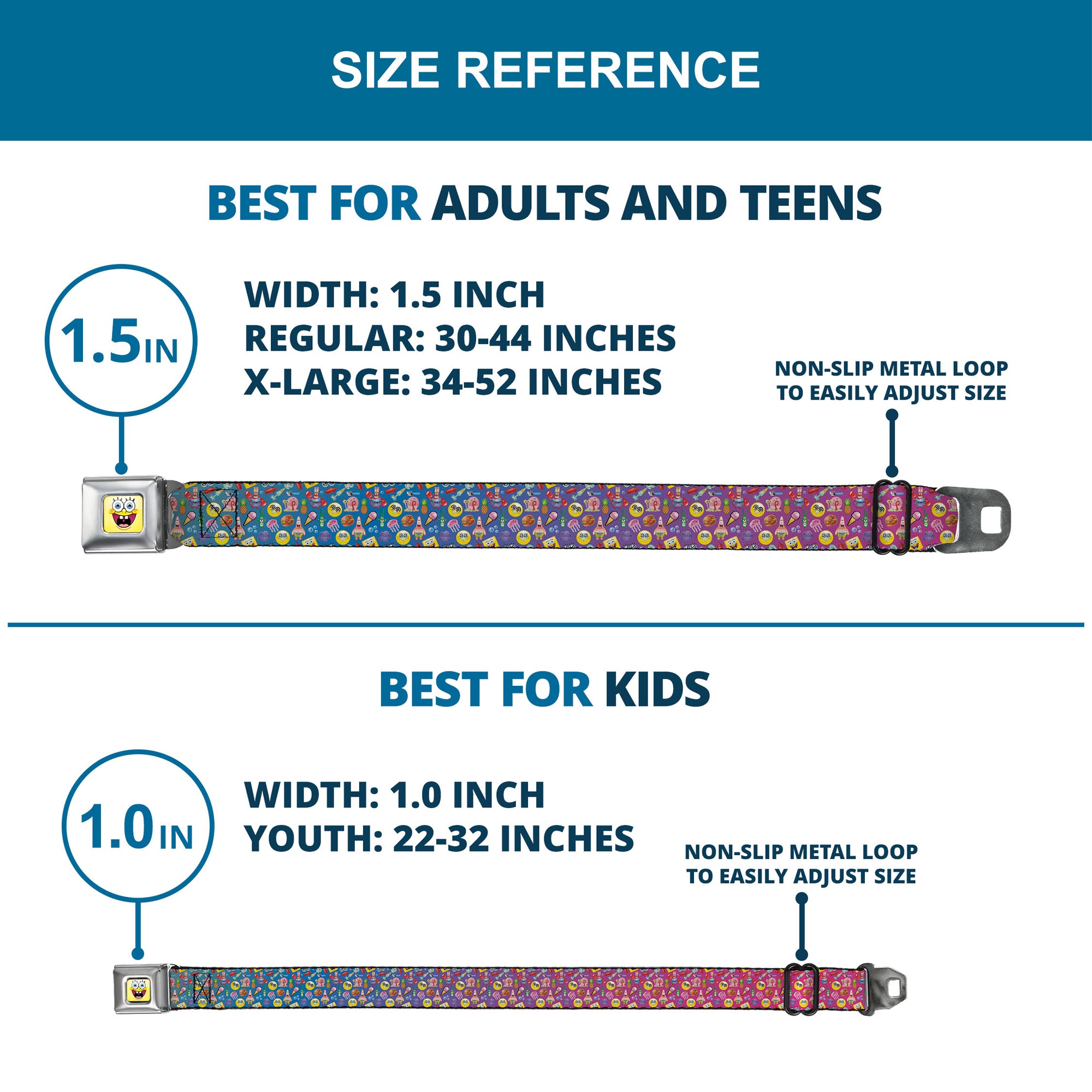 SpongeBob Open Mouth Smile Full Color Seatbelt Belt - Mini SpongeBob & Friends/Sea Creatures/Food Scattered Ombre Multi Color Webbing Seatbelt Belts SpongeBob SquarePants