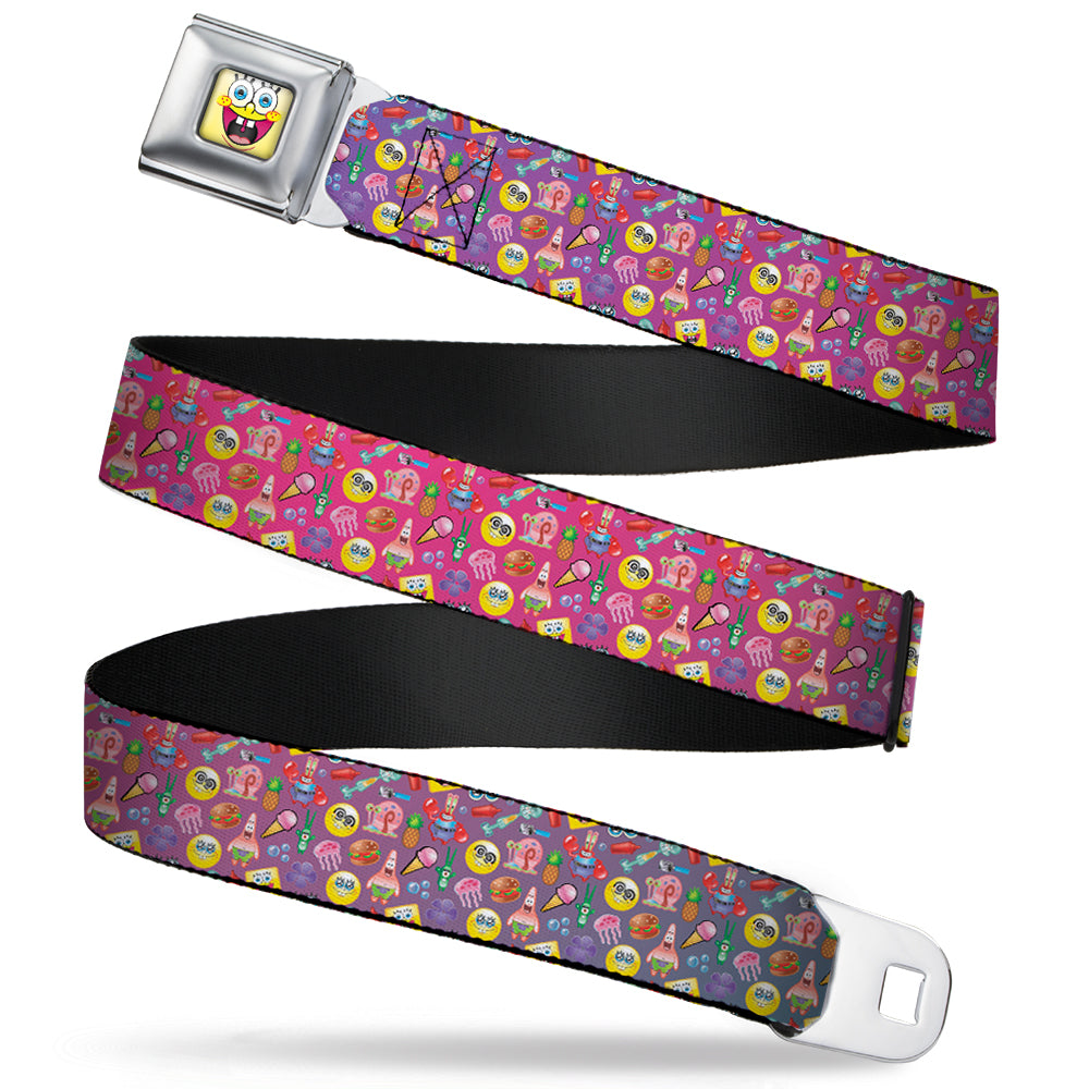 SpongeBob Open Mouth Smile Full Color Seatbelt Belt - Mini SpongeBob & Friends/Sea Creatures/Food Scattered Ombre Multi Color Webbing Seatbelt Belts SpongeBob SquarePants