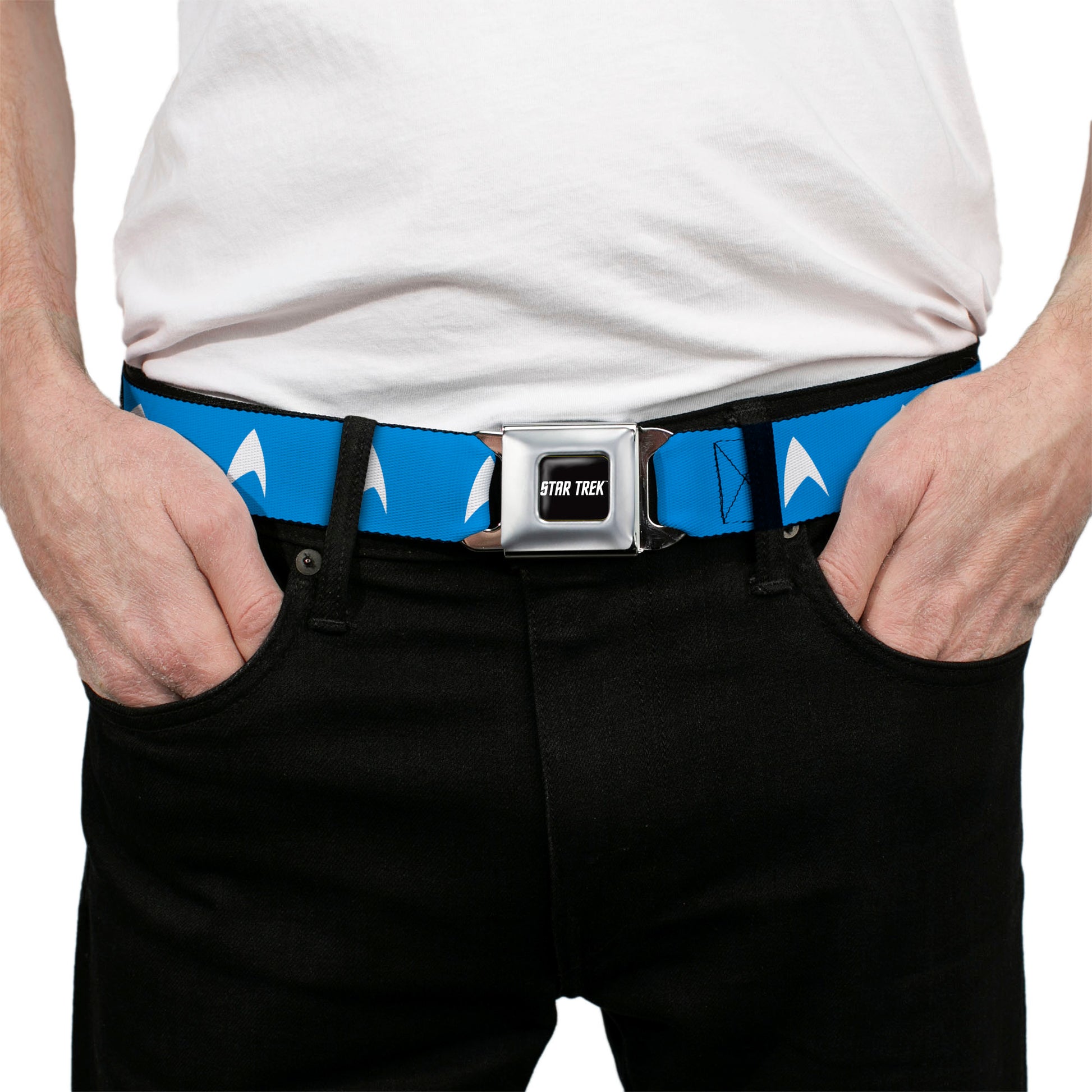 STAR TREK Text Logo Full Color Black/White Seatbelt Belt - Star Trek Starfleet Insignia Blue/White Webbing Seatbelt Belts Star Trek