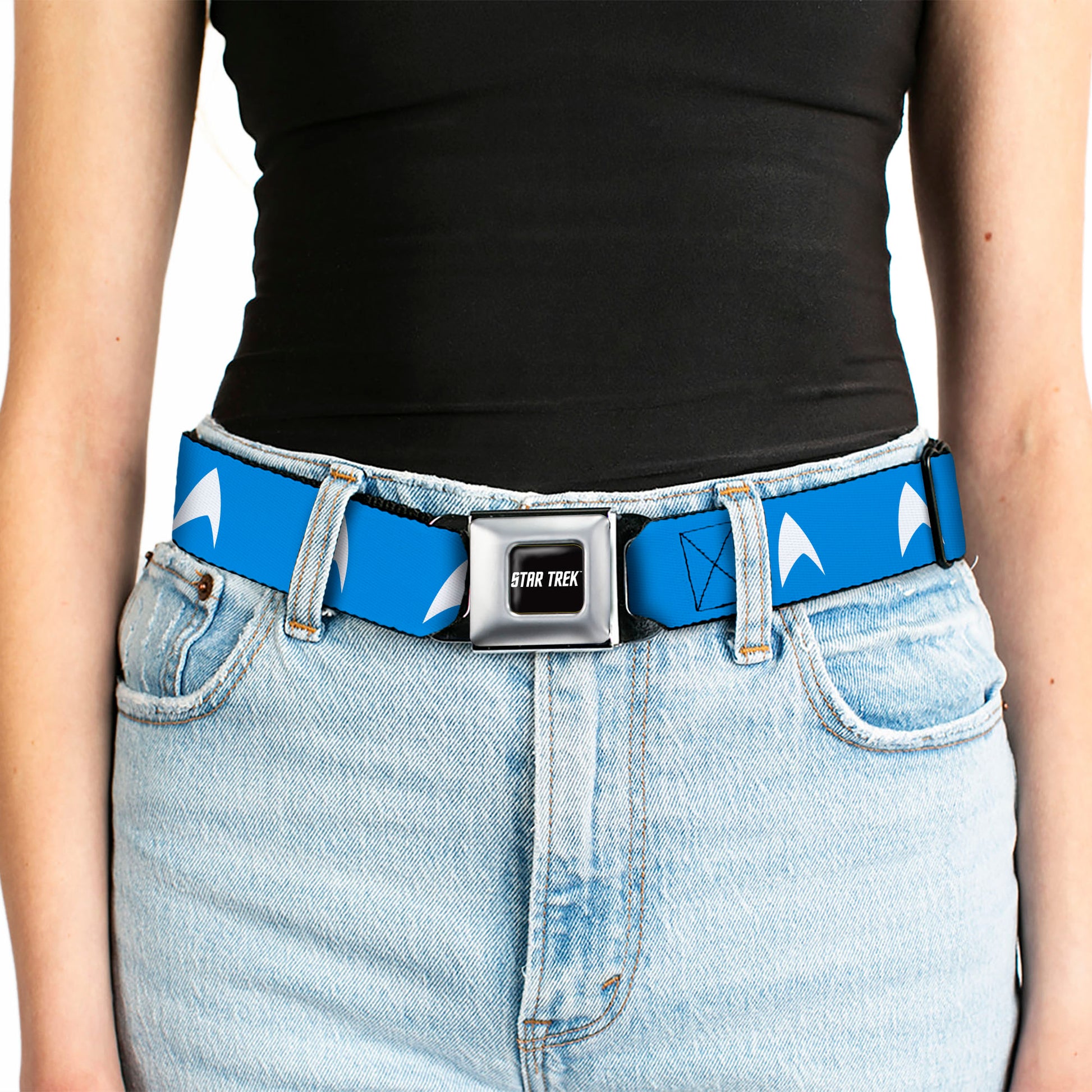 STAR TREK Text Logo Full Color Black/White Seatbelt Belt - Star Trek Starfleet Insignia Blue/White Webbing Seatbelt Belts Star Trek