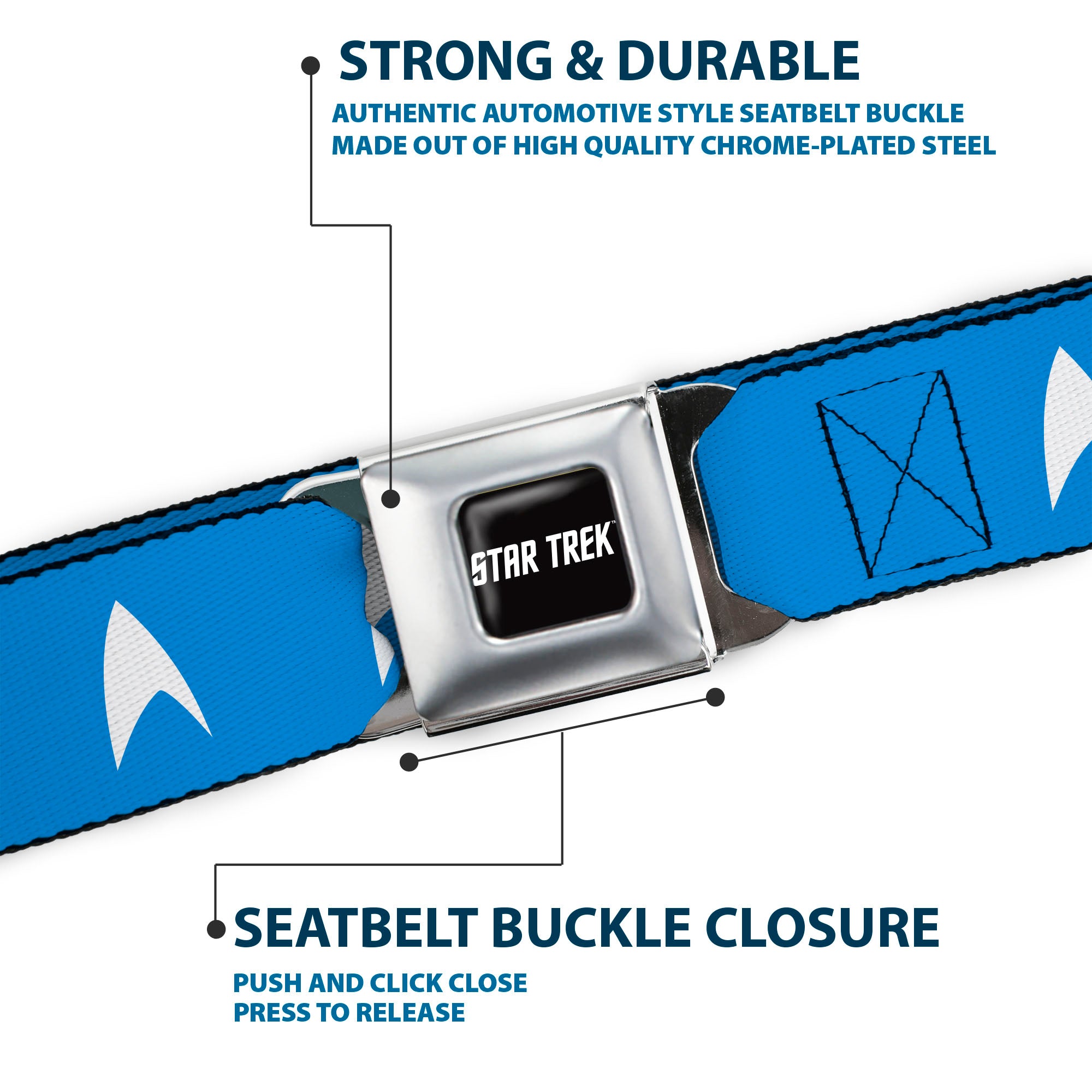 STAR TREK Text Logo Full Color Black/White Seatbelt Belt - Star Trek Starfleet Insignia Blue/White Webbing Seatbelt Belts Star Trek