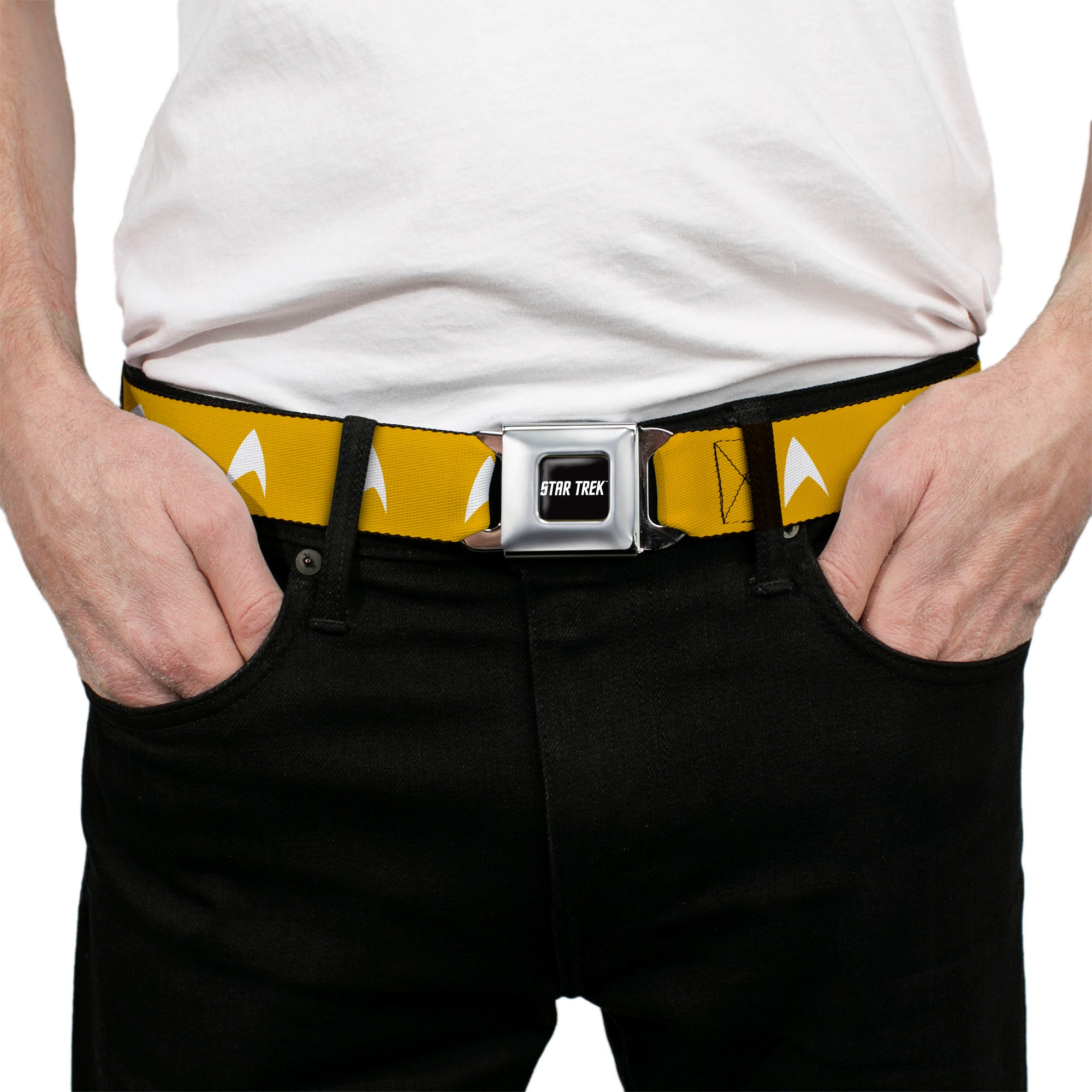 STAR TREK Text Logo Full Color Black/White Seatbelt Belt - Star Trek Starfleet Insignia Golden Yellow/White Webbing Seatbelt Belts Star Trek
