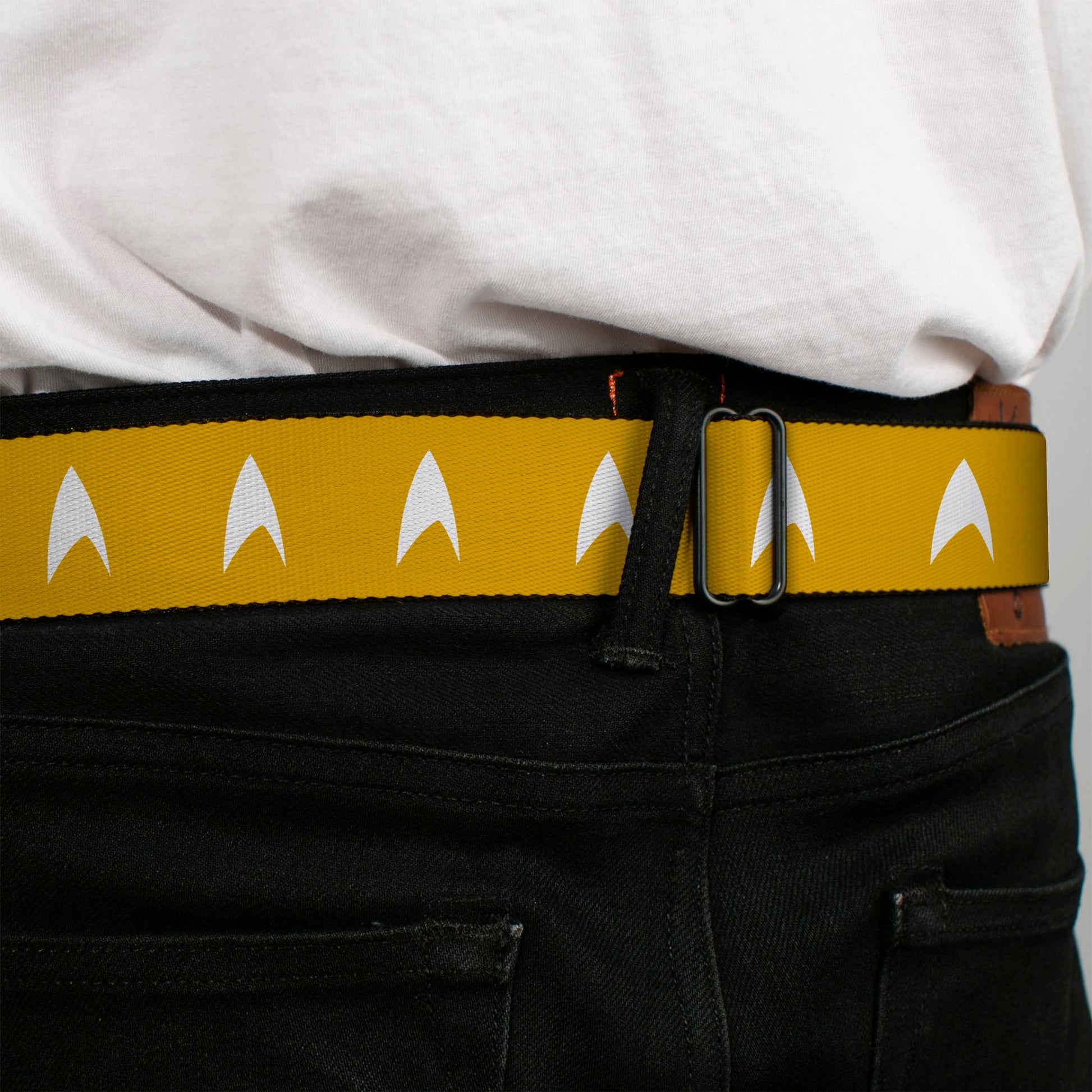 STAR TREK Text Logo Full Color Black/White Seatbelt Belt - Star Trek Starfleet Insignia Golden Yellow/White Webbing Seatbelt Belts Star Trek