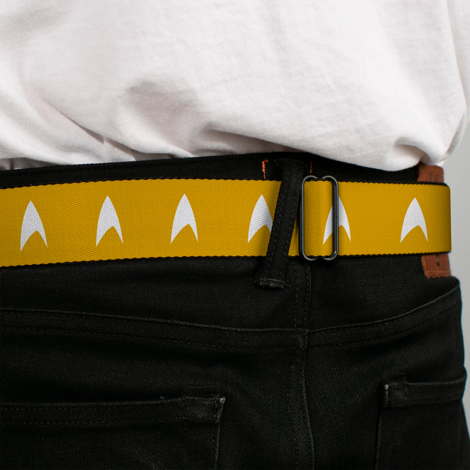 STAR TREK Text Logo Full Color Black/White Seatbelt Belt - Star Trek Starfleet Insignia Golden Yellow/White Webbing Seatbelt Belts Star Trek