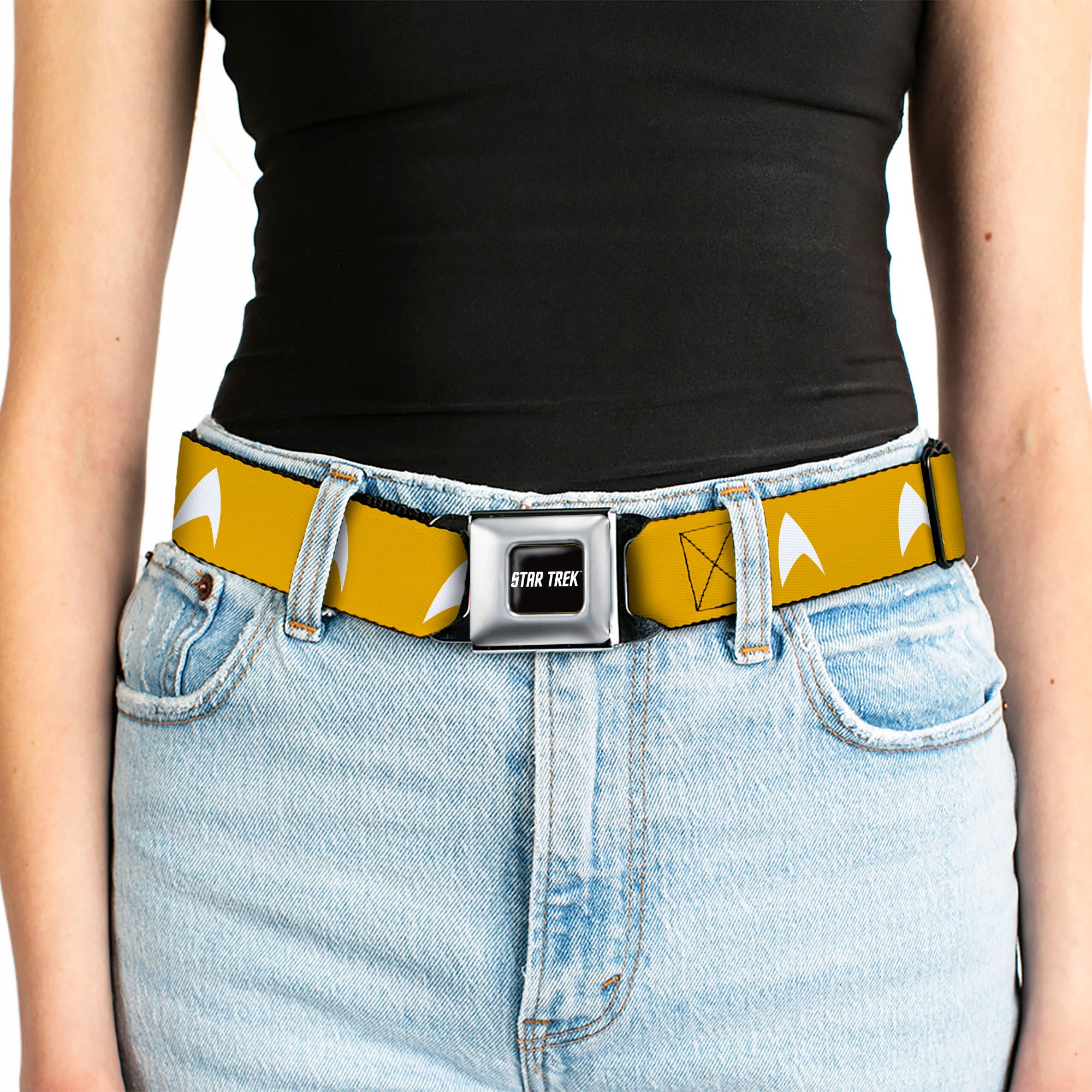 STAR TREK Text Logo Full Color Black/White Seatbelt Belt - Star Trek Starfleet Insignia Golden Yellow/White Webbing Seatbelt Belts Star Trek