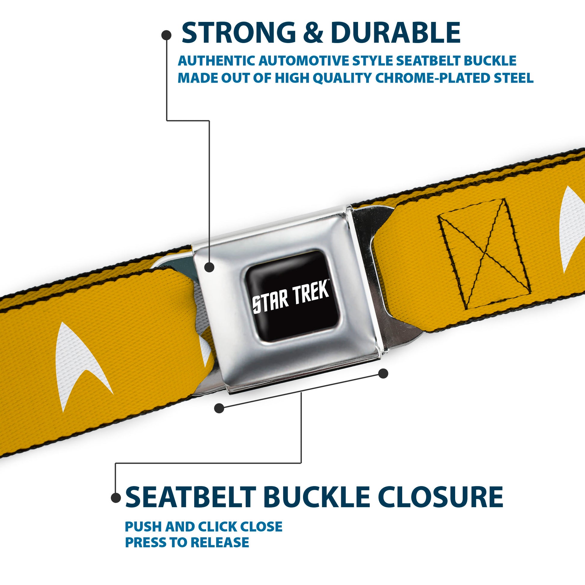 STAR TREK Text Logo Full Color Black/White Seatbelt Belt - Star Trek Starfleet Insignia Golden Yellow/White Webbing Seatbelt Belts Star Trek