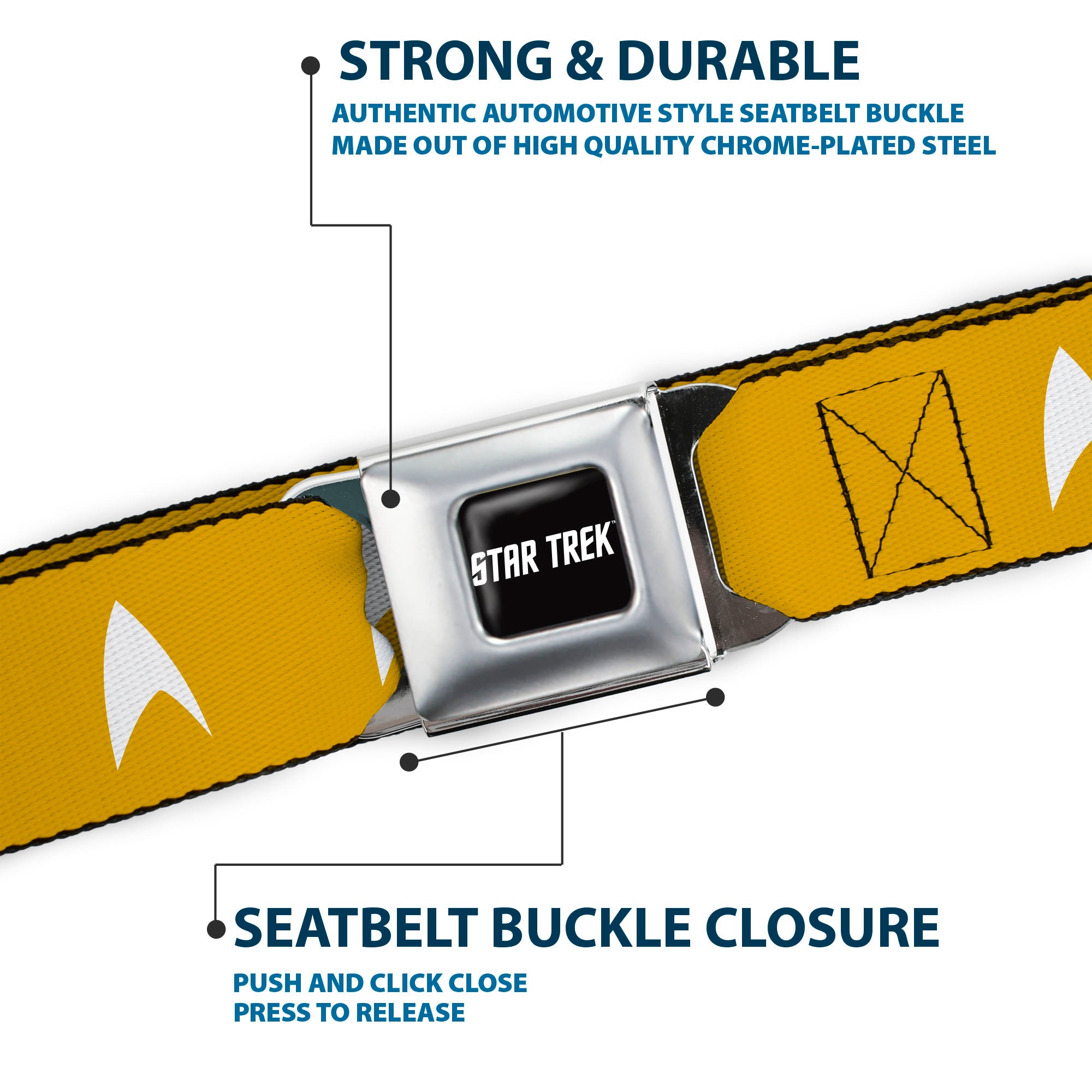 STAR TREK Text Logo Full Color Black/White Seatbelt Belt - Star Trek Starfleet Insignia Golden Yellow/White Webbing Seatbelt Belts Star Trek