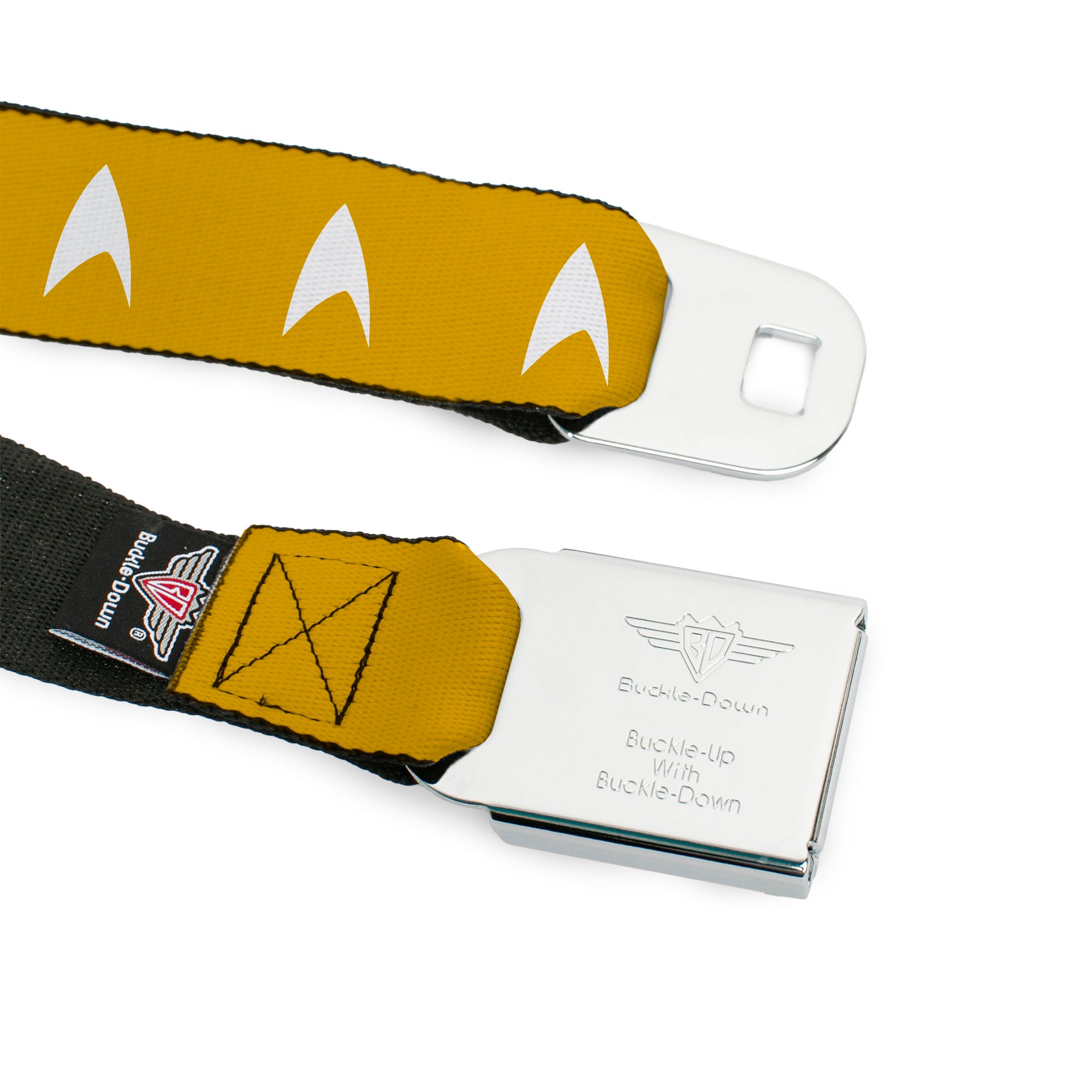 STAR TREK Text Logo Full Color Black/White Seatbelt Belt - Star Trek Starfleet Insignia Golden Yellow/White Webbing Seatbelt Belts Star Trek