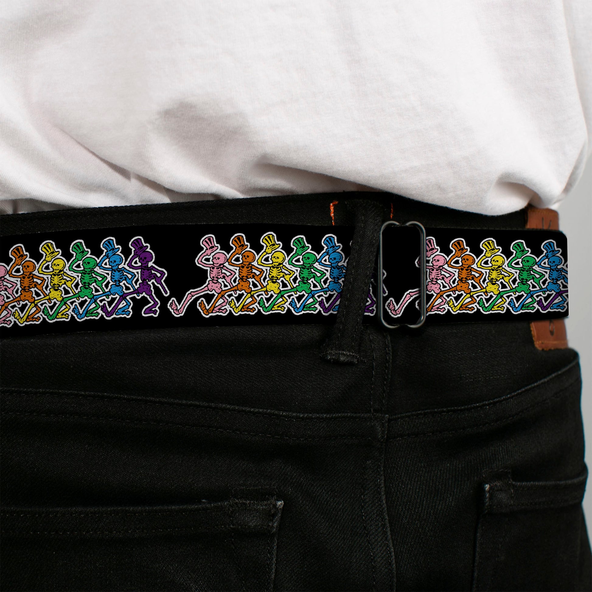 Steal Your Face Seatbelt Belt - Dancing Skeletons Black/Multi Color Webbing Seatbelt Belts Grateful Dead