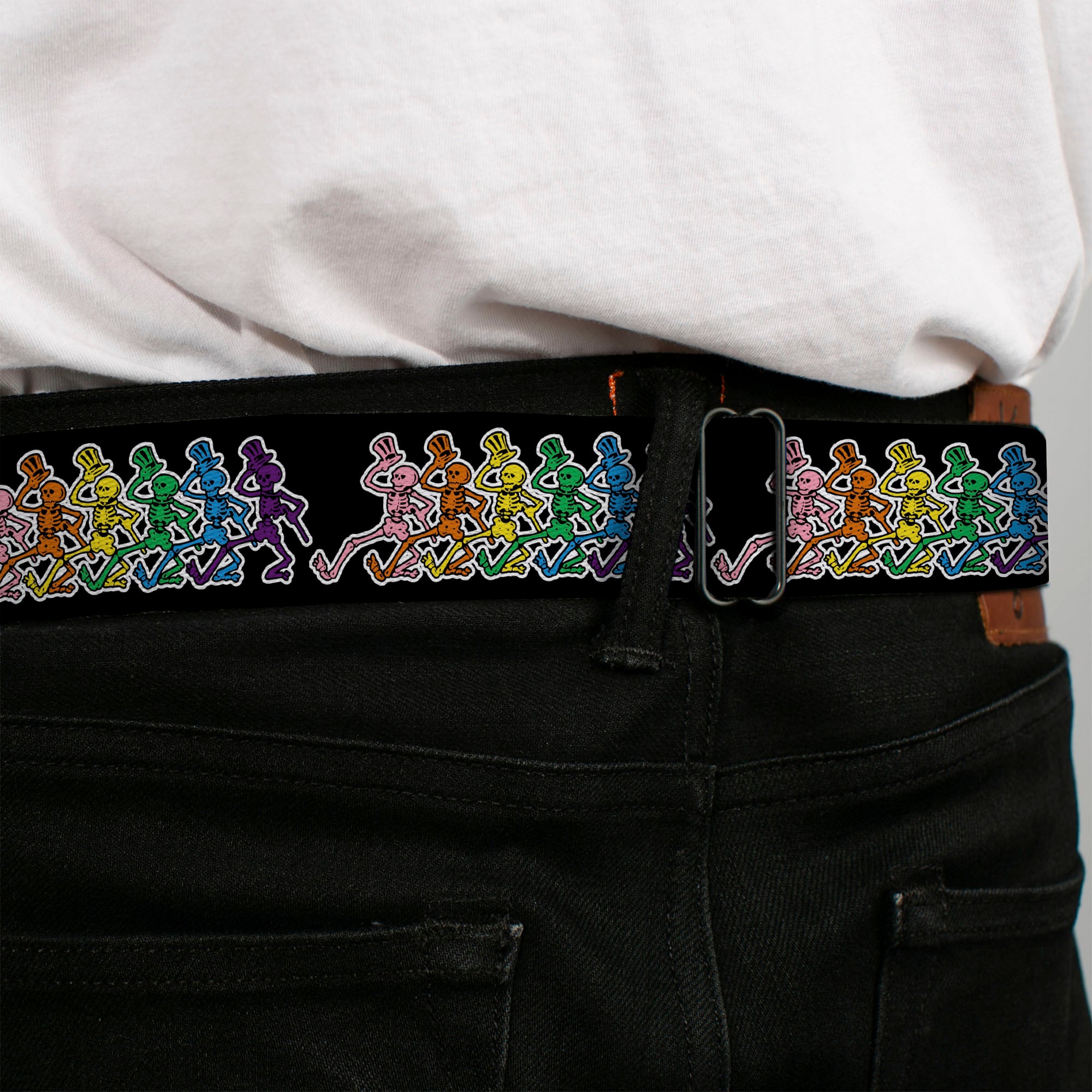 Steal Your Face Seatbelt Belt - Dancing Skeletons Black/Multi Color Webbing Seatbelt Belts Grateful Dead