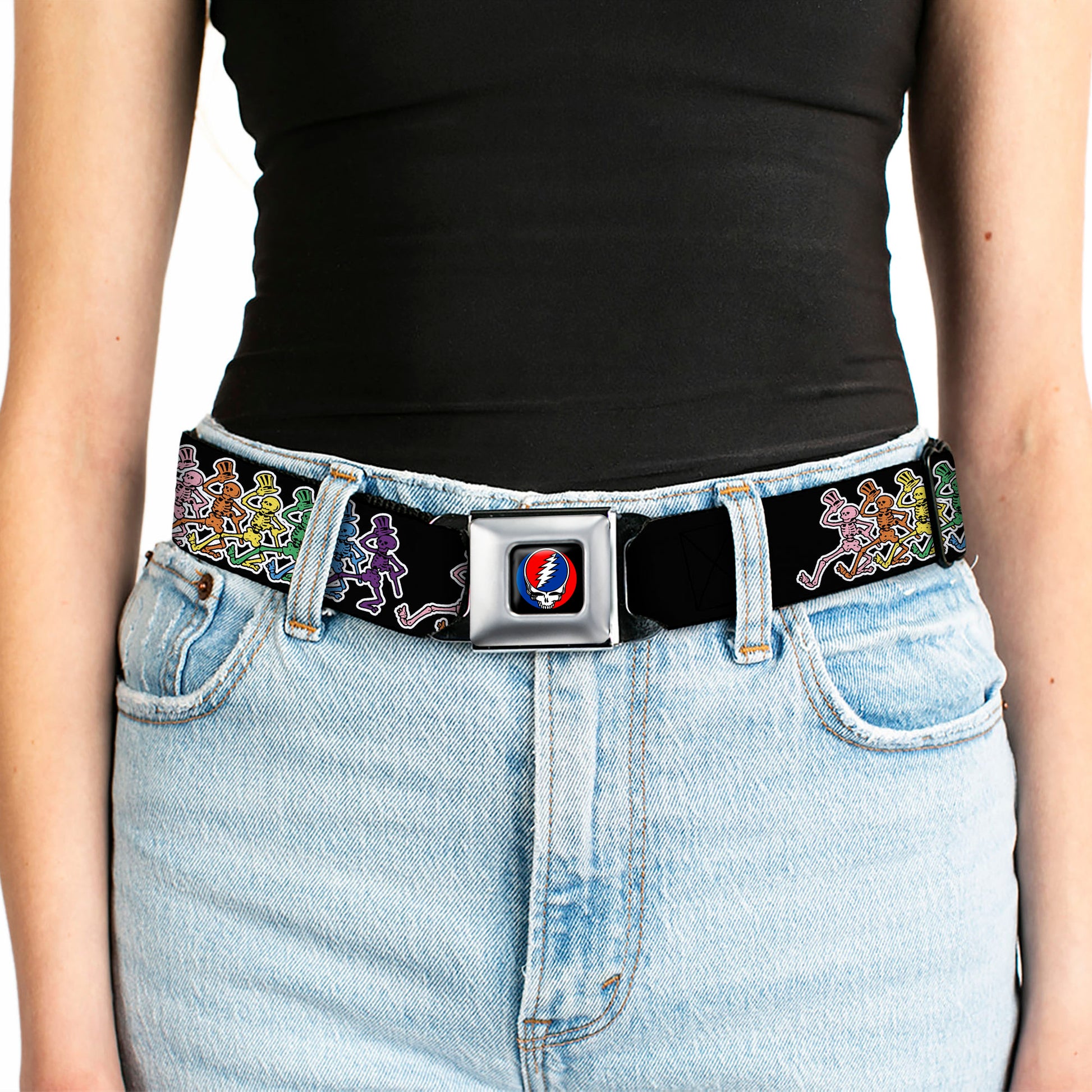 Steal Your Face Seatbelt Belt - Dancing Skeletons Black/Multi Color Webbing Seatbelt Belts Grateful Dead