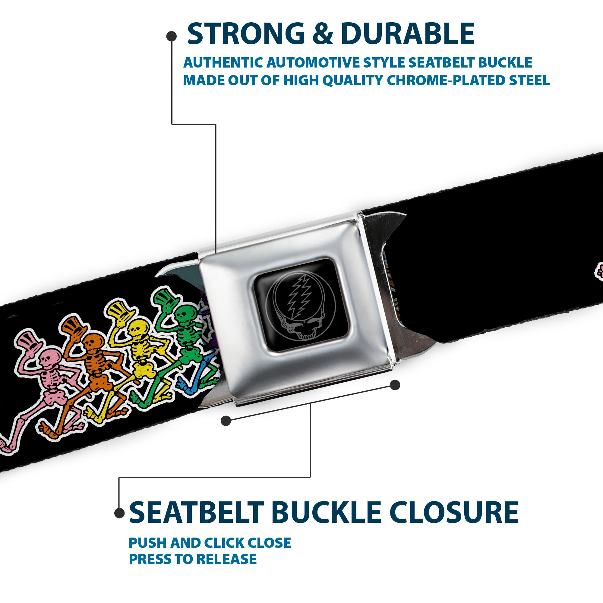 Steal Your Face Seatbelt Belt - Dancing Skeletons Black/Multi Color Webbing Seatbelt Belts Grateful Dead