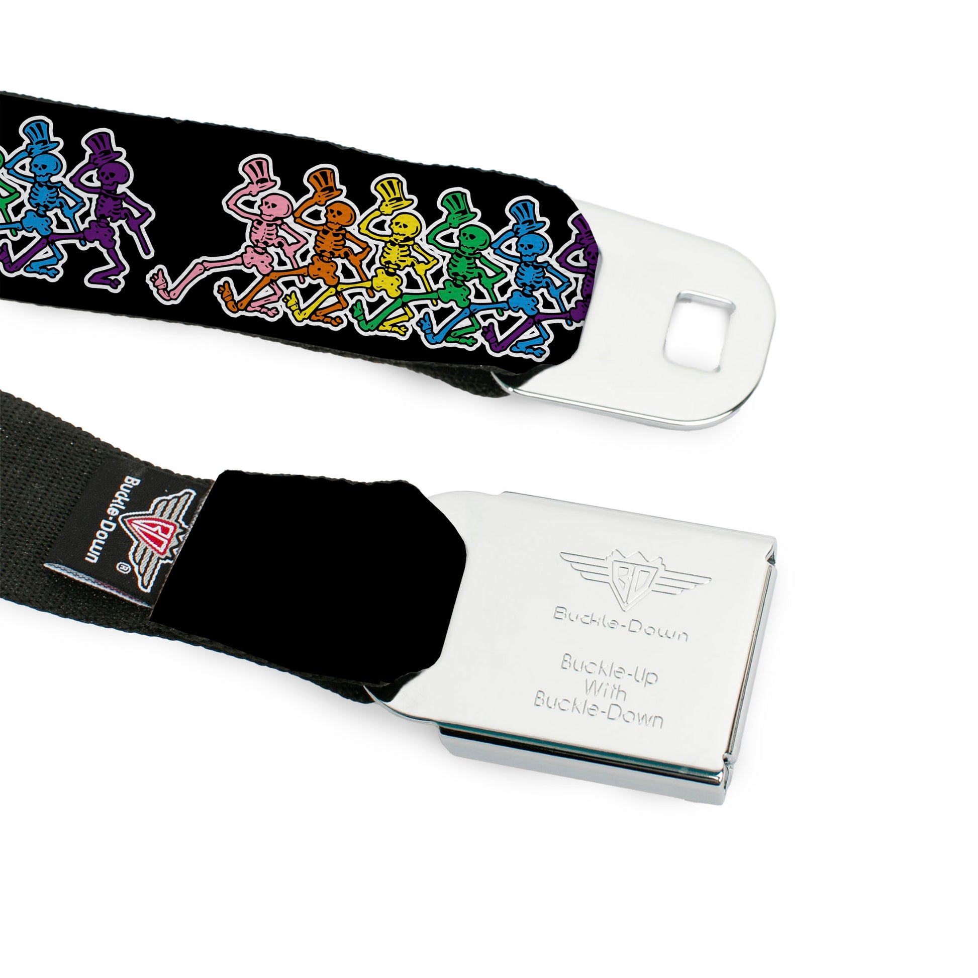 Steal Your Face Seatbelt Belt - Dancing Skeletons Black/Multi Color Webbing Seatbelt Belts Grateful Dead