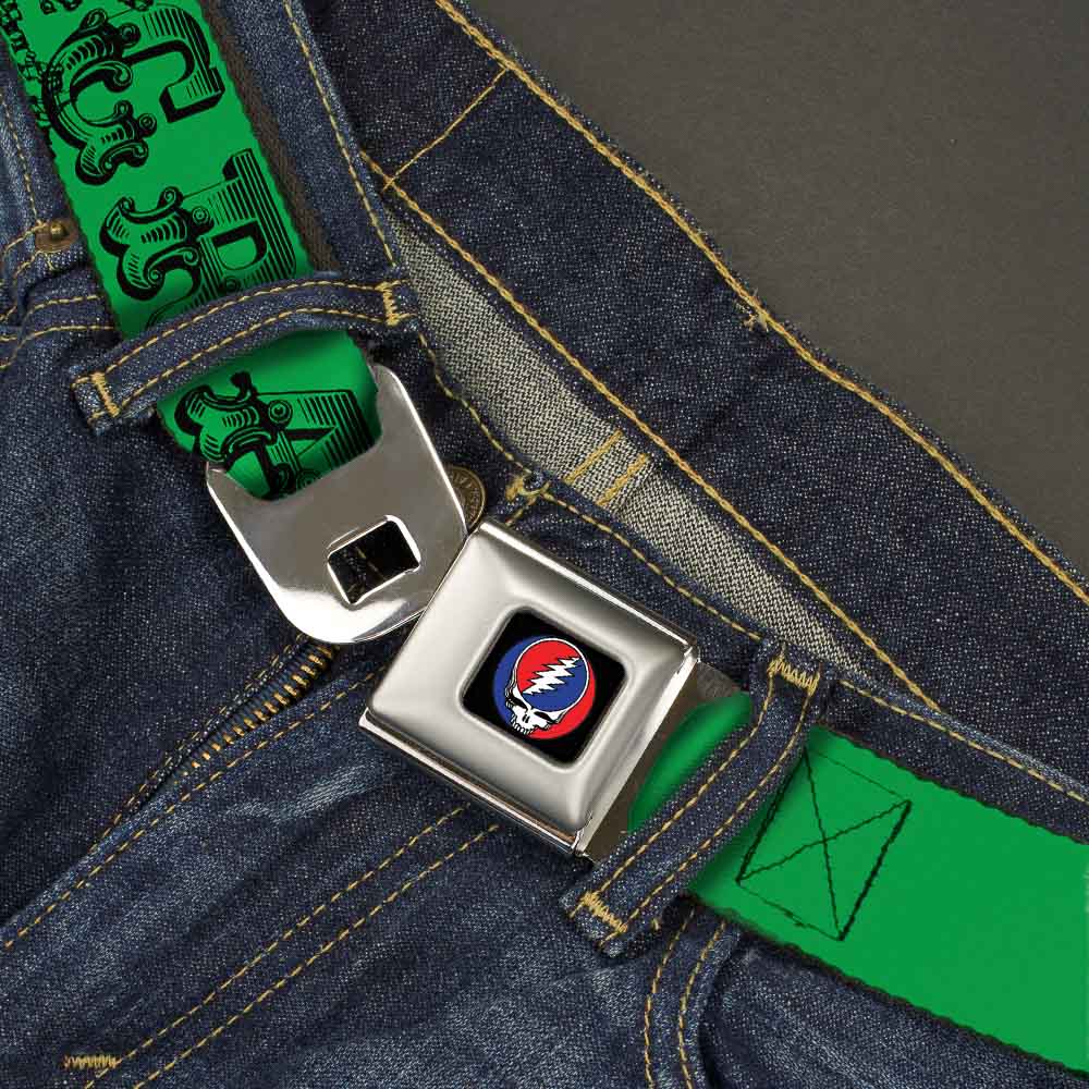 Steal Your Face Seatbelt Belt - Grateful Dead Text w/Skull & Roses Green Webbing Seatbelt Belts Grateful Dead