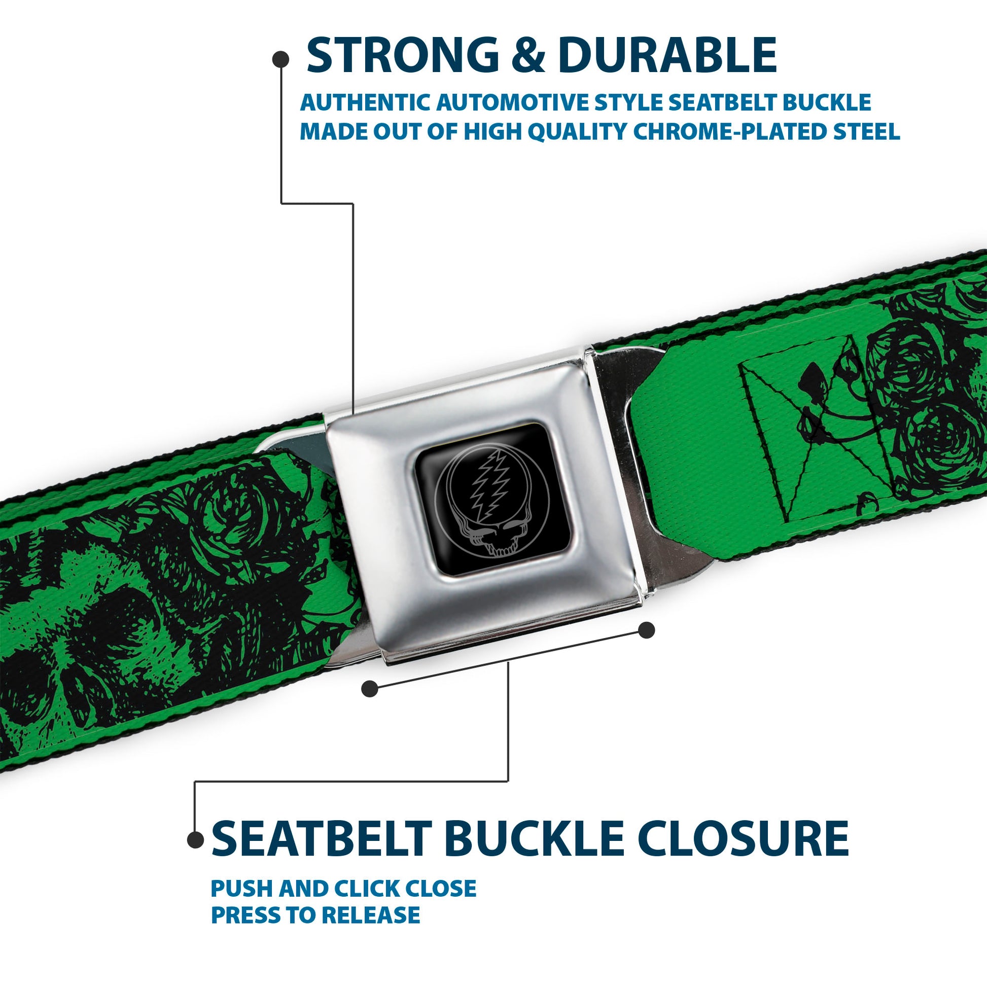 Steal Your Face Seatbelt Belt - Grateful Dead Text w/Skull & Roses Green Webbing Seatbelt Belts Grateful Dead