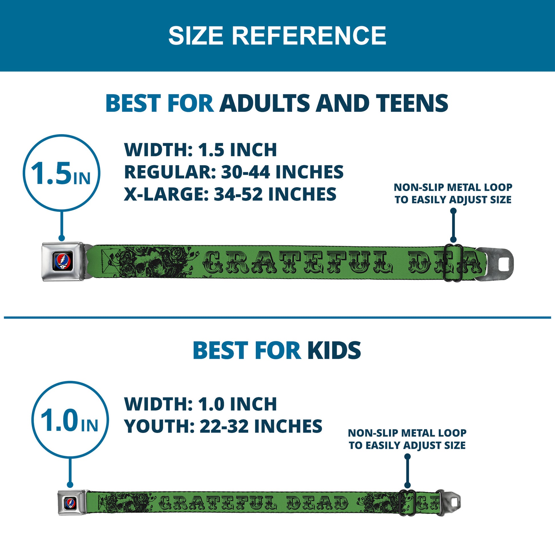 Steal Your Face Seatbelt Belt - Grateful Dead Text w/Skull & Roses Green Webbing Seatbelt Belts Grateful Dead