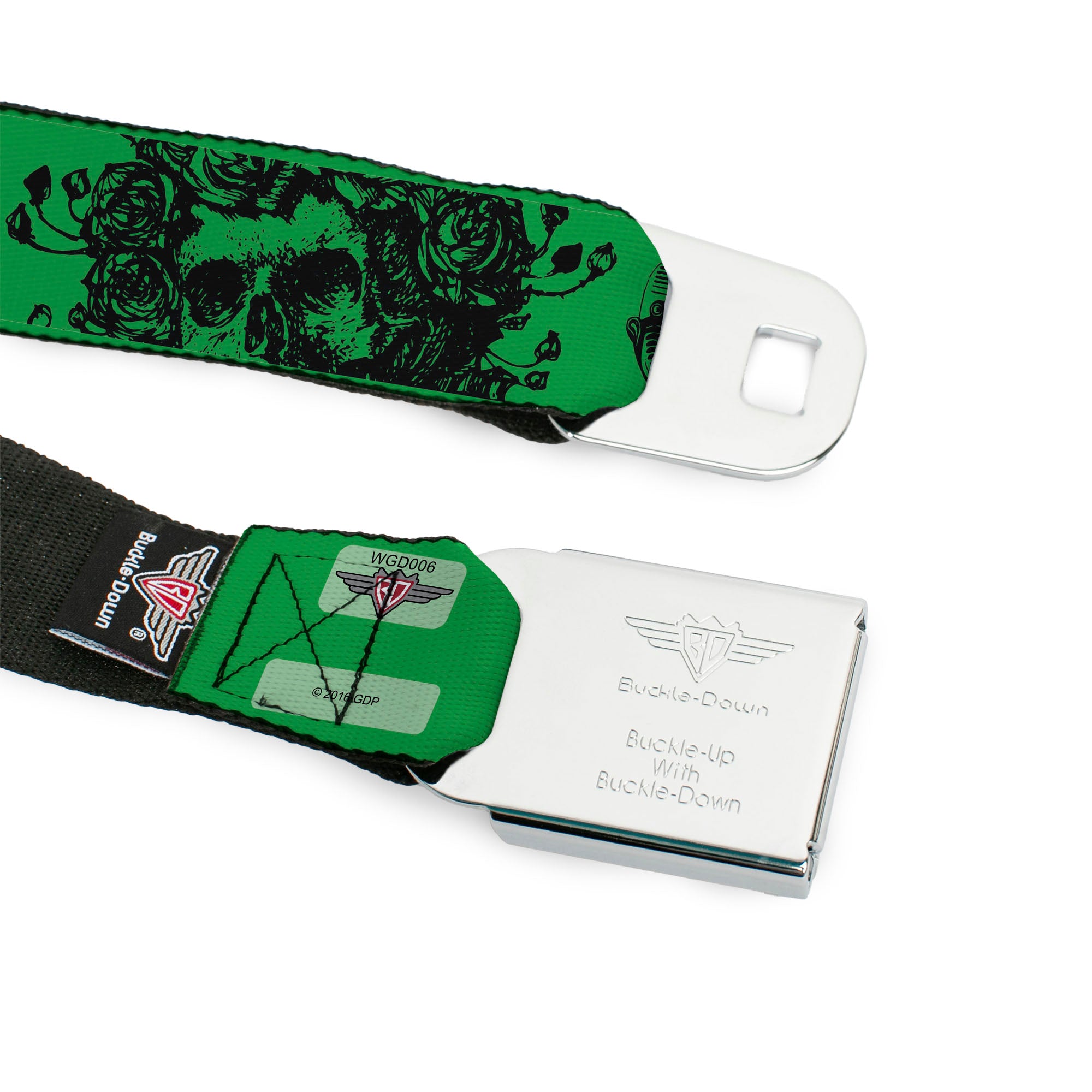 Steal Your Face Seatbelt Belt - Grateful Dead Text w/Skull & Roses Green Webbing Seatbelt Belts Grateful Dead