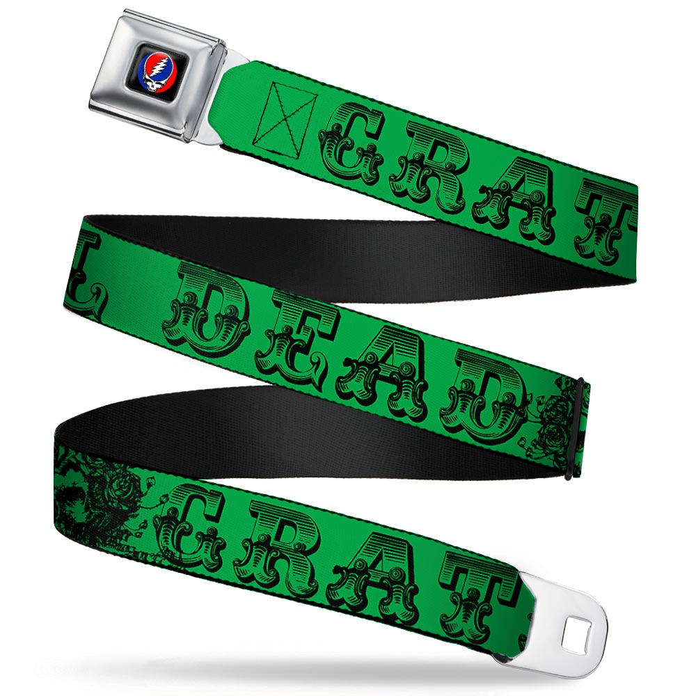 Steal Your Face Seatbelt Belt - Grateful Dead Text w/Skull & Roses Green Webbing Seatbelt Belts Grateful Dead