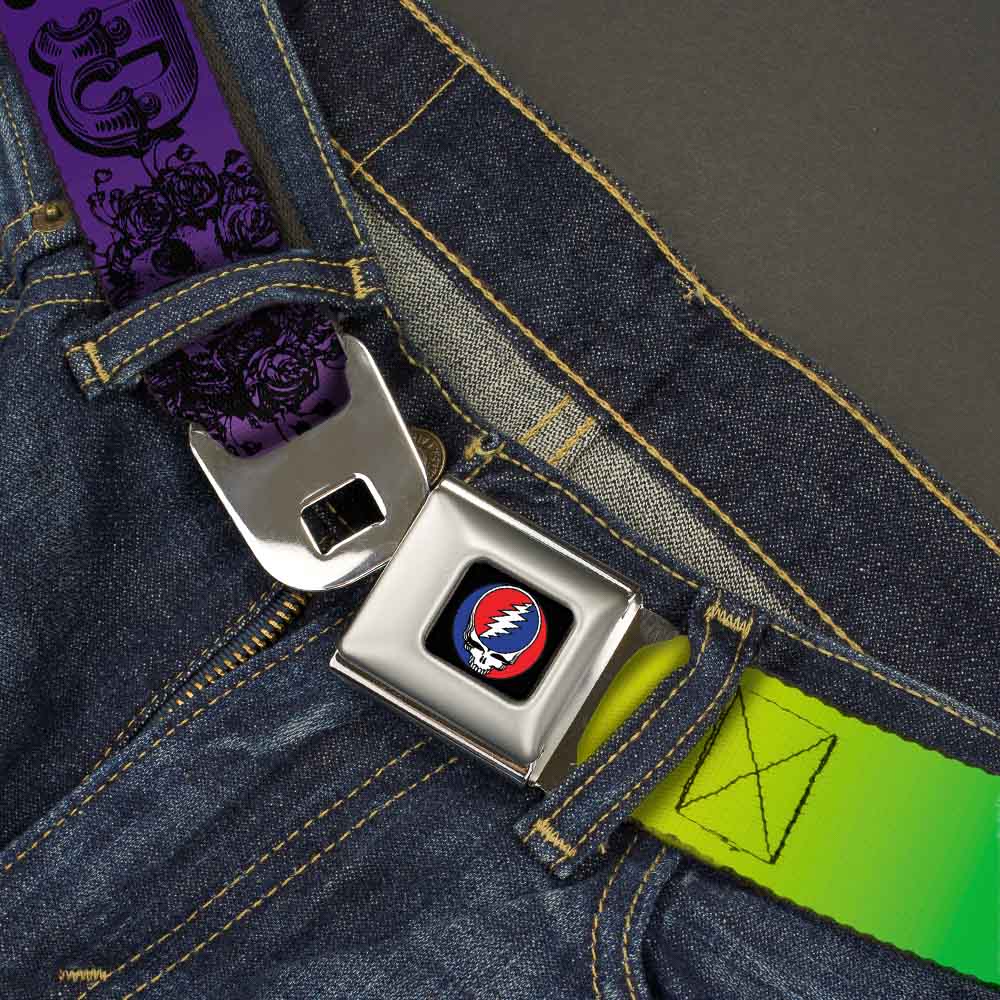Steal Your Face Seatbelt Belt - Grateful Dead Text w/Skull & Roses Rainbow Fade Webbing Seatbelt Belts Grateful Dead