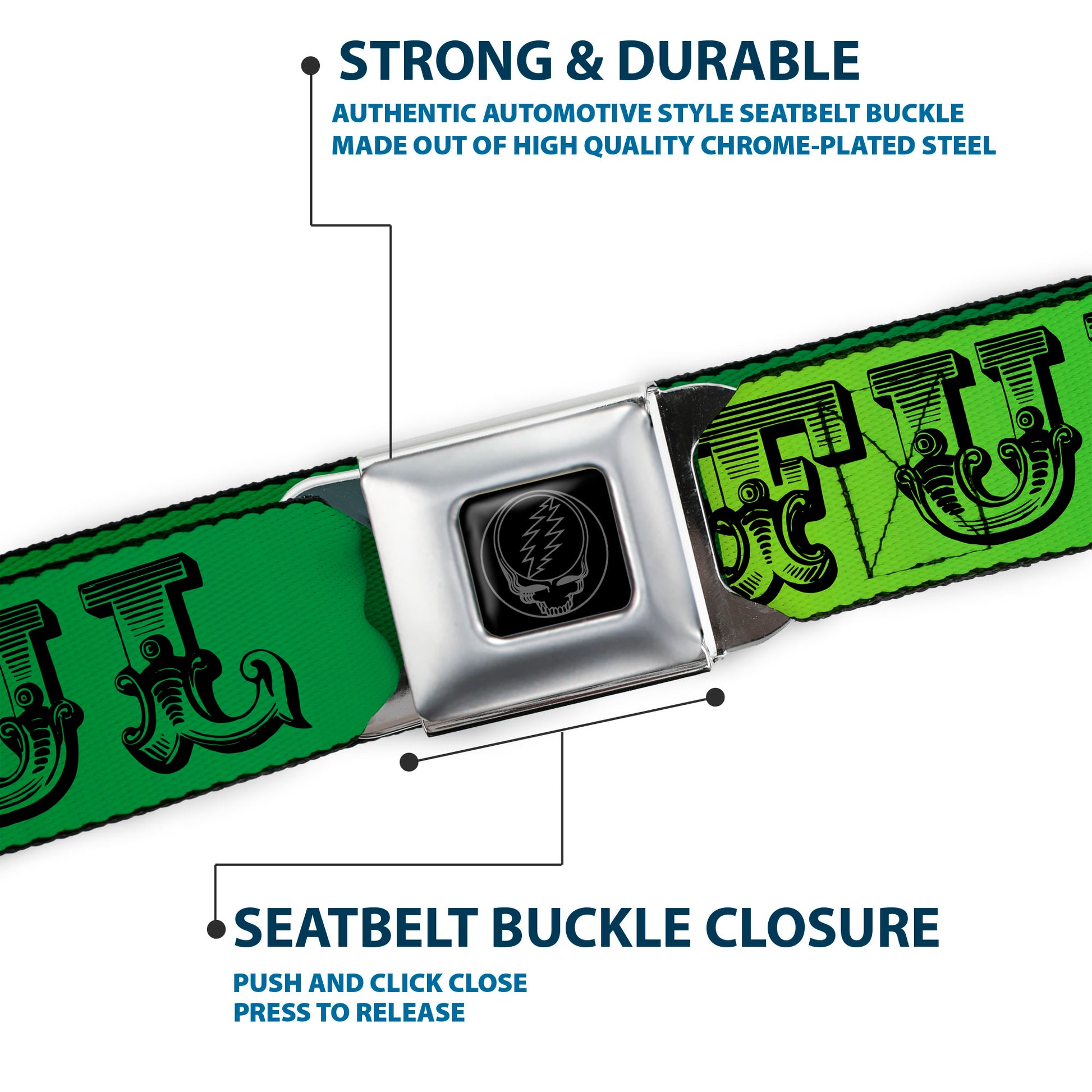 Steal Your Face Seatbelt Belt - Grateful Dead Text w/Skull & Roses Rainbow Fade Webbing Seatbelt Belts Grateful Dead