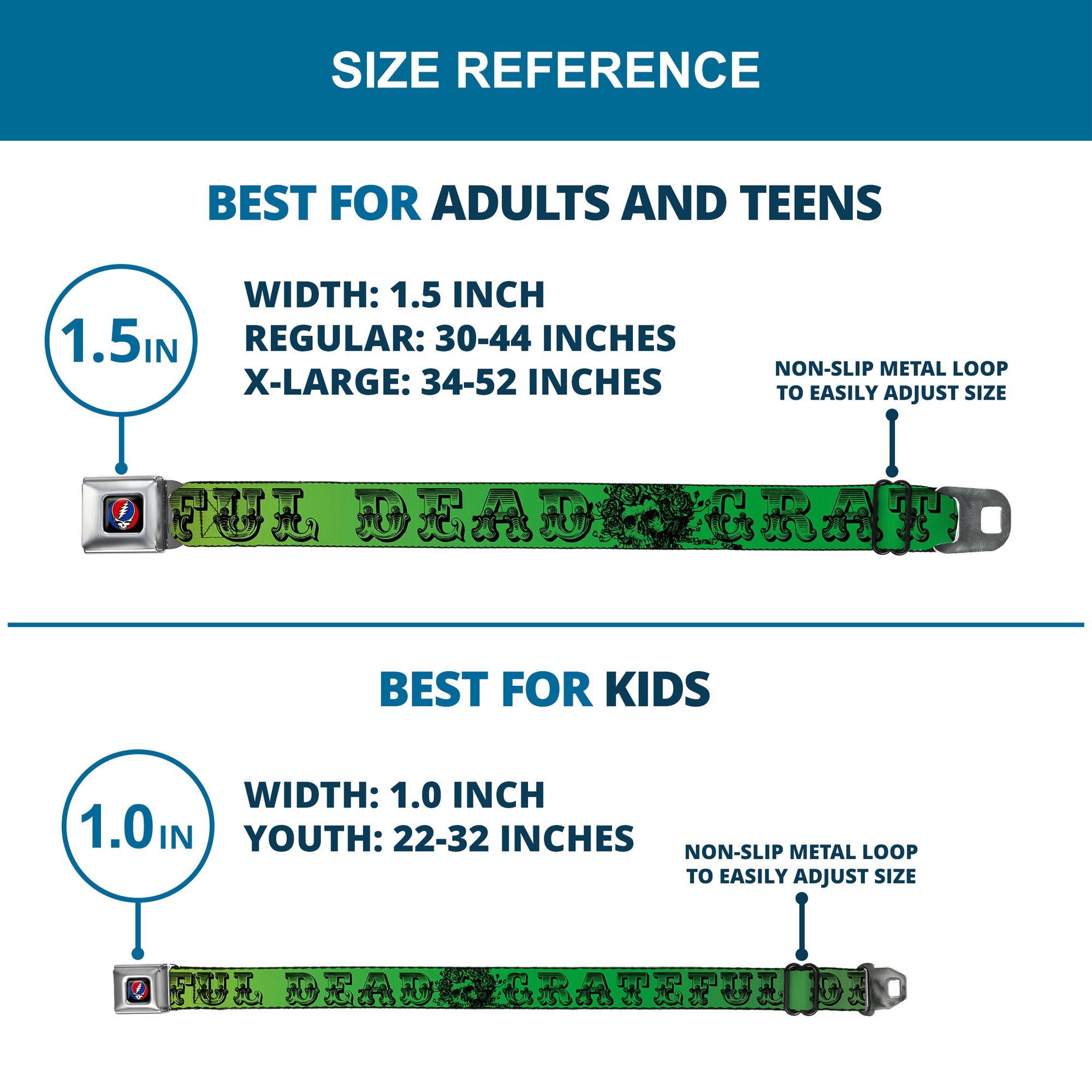 Steal Your Face Seatbelt Belt - Grateful Dead Text w/Skull & Roses Rainbow Fade Webbing Seatbelt Belts Grateful Dead