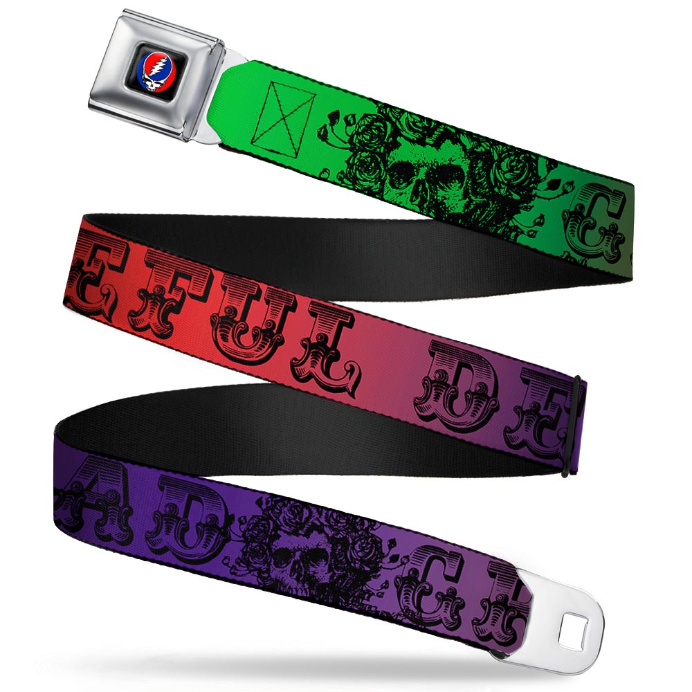 Steal Your Face Seatbelt Belt - Grateful Dead Text w/Skull & Roses Rainbow Fade Webbing Seatbelt Belts Grateful Dead