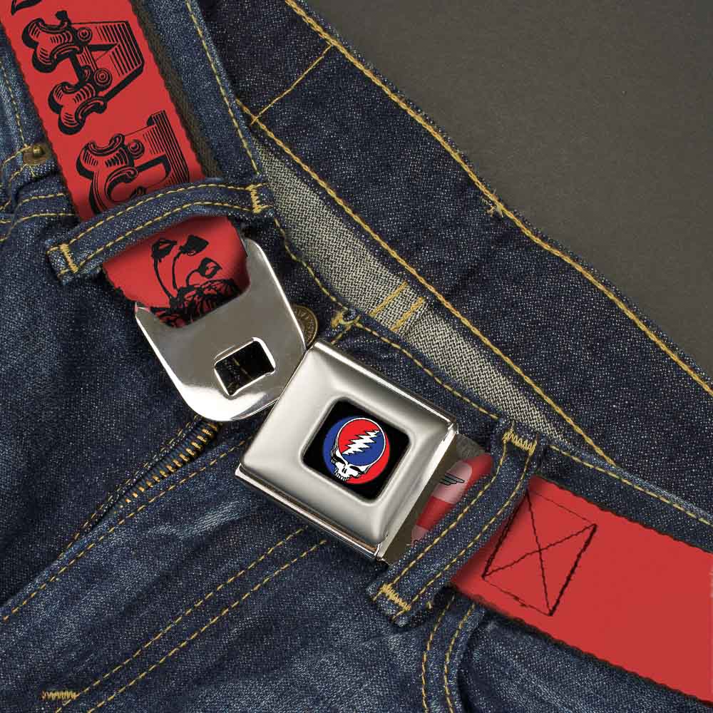 Steal Your Face Seatbelt Belt - Grateful Dead Text w/Skull & Roses Red Webbing Seatbelt Belts Grateful Dead
