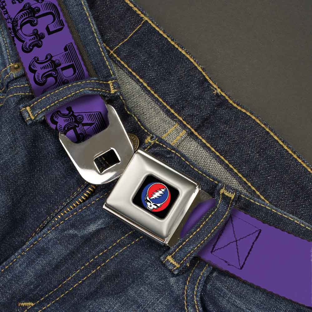 Steal Your Face Seatbelt Belt - Grateful Dead Text w/Skull & Roses Purple Webbing Seatbelt Belts Grateful Dead