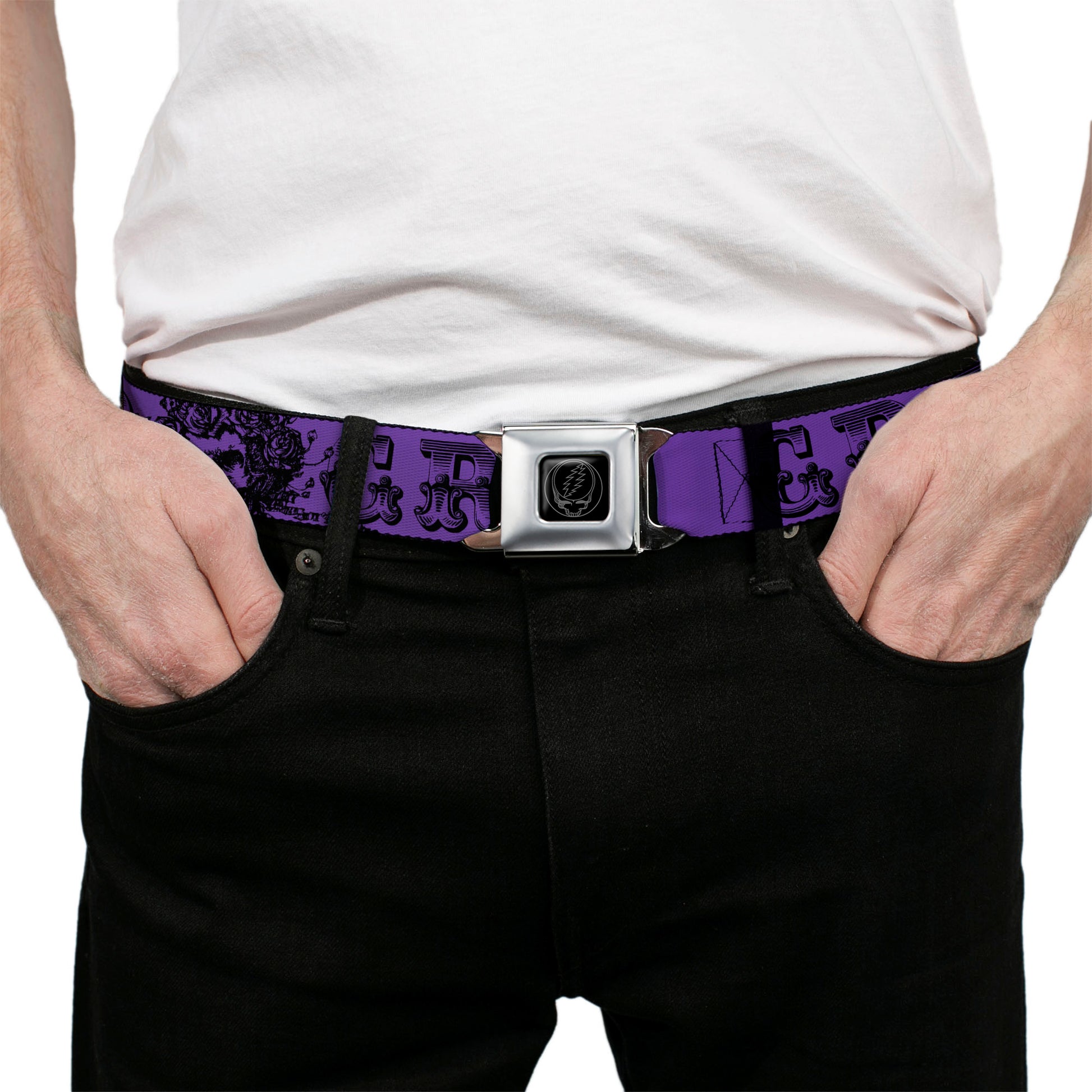 Steal Your Face Seatbelt Belt - Grateful Dead Text w/Skull & Roses Purple Webbing Seatbelt Belts Grateful Dead