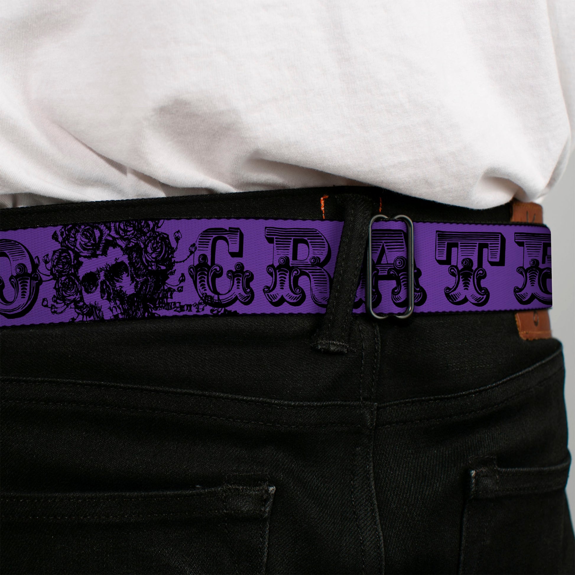 Steal Your Face Seatbelt Belt - Grateful Dead Text w/Skull & Roses Purple Webbing Seatbelt Belts Grateful Dead