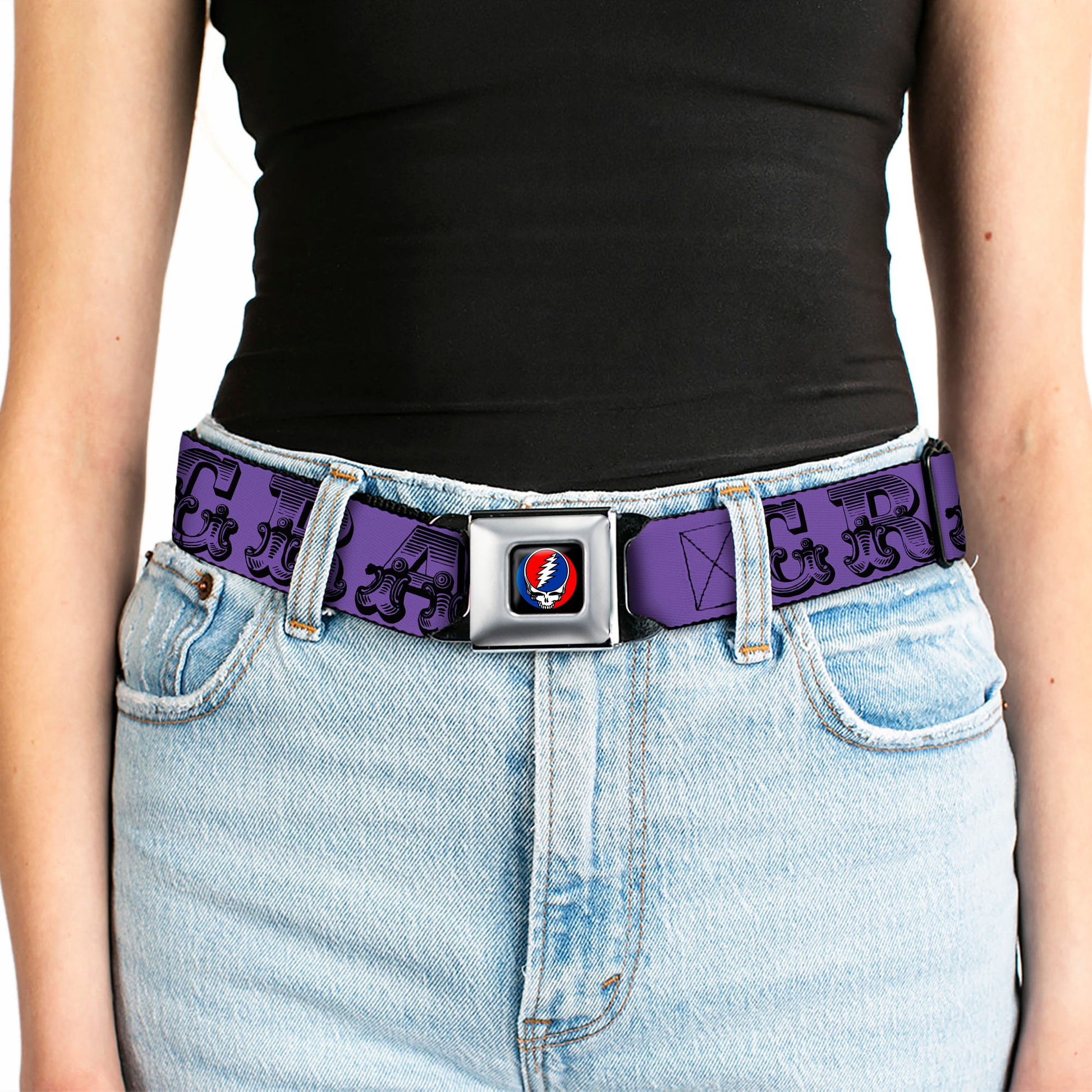 Steal Your Face Seatbelt Belt - Grateful Dead Text w/Skull & Roses Purple Webbing Seatbelt Belts Grateful Dead