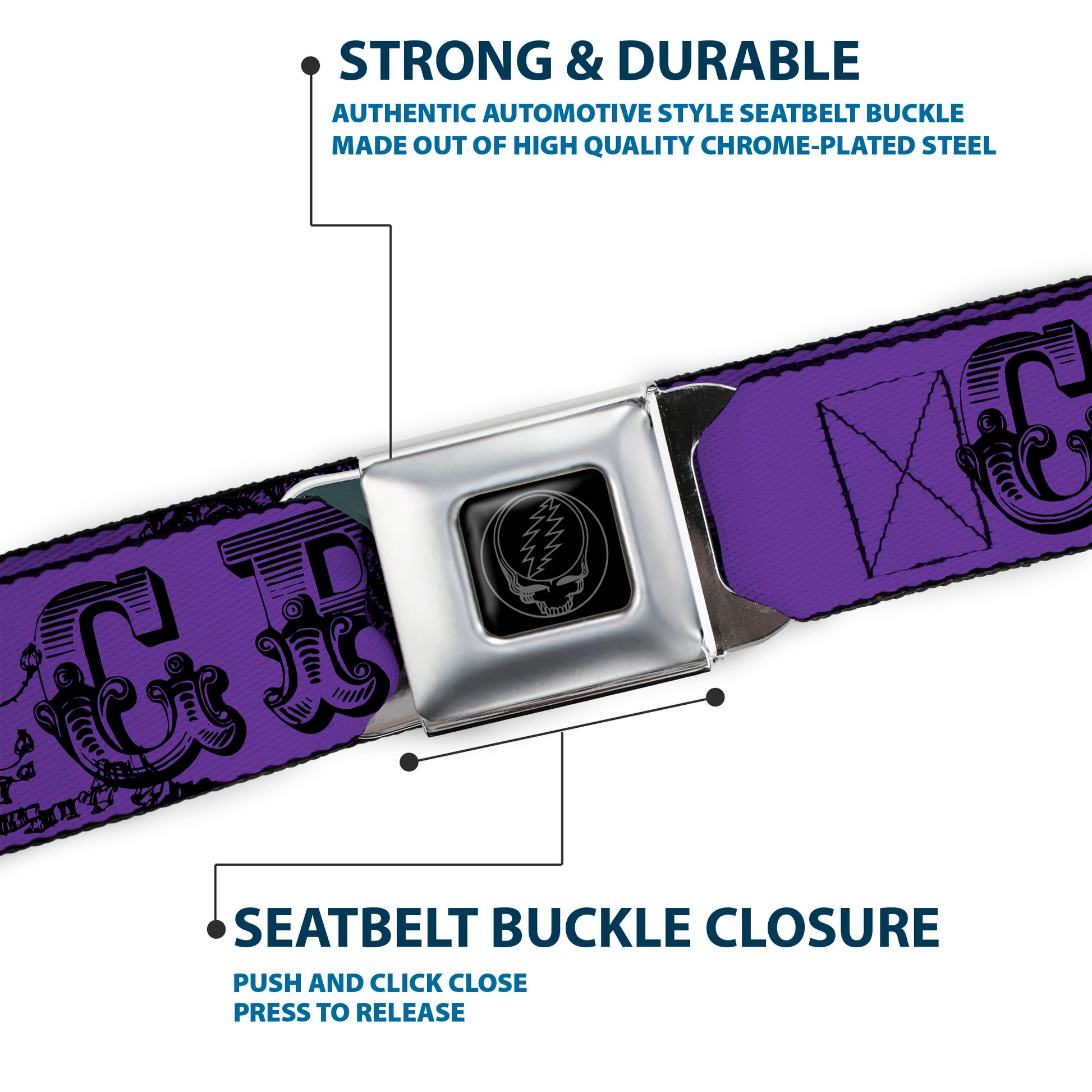Steal Your Face Seatbelt Belt - Grateful Dead Text w/Skull & Roses Purple Webbing Seatbelt Belts Grateful Dead
