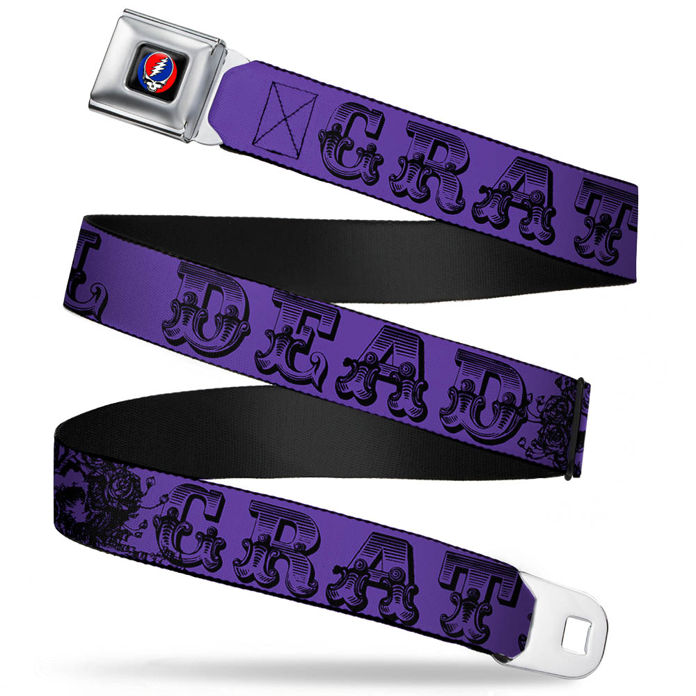 Steal Your Face Seatbelt Belt - Grateful Dead Text w/Skull & Roses Purple Webbing Seatbelt Belts Grateful Dead