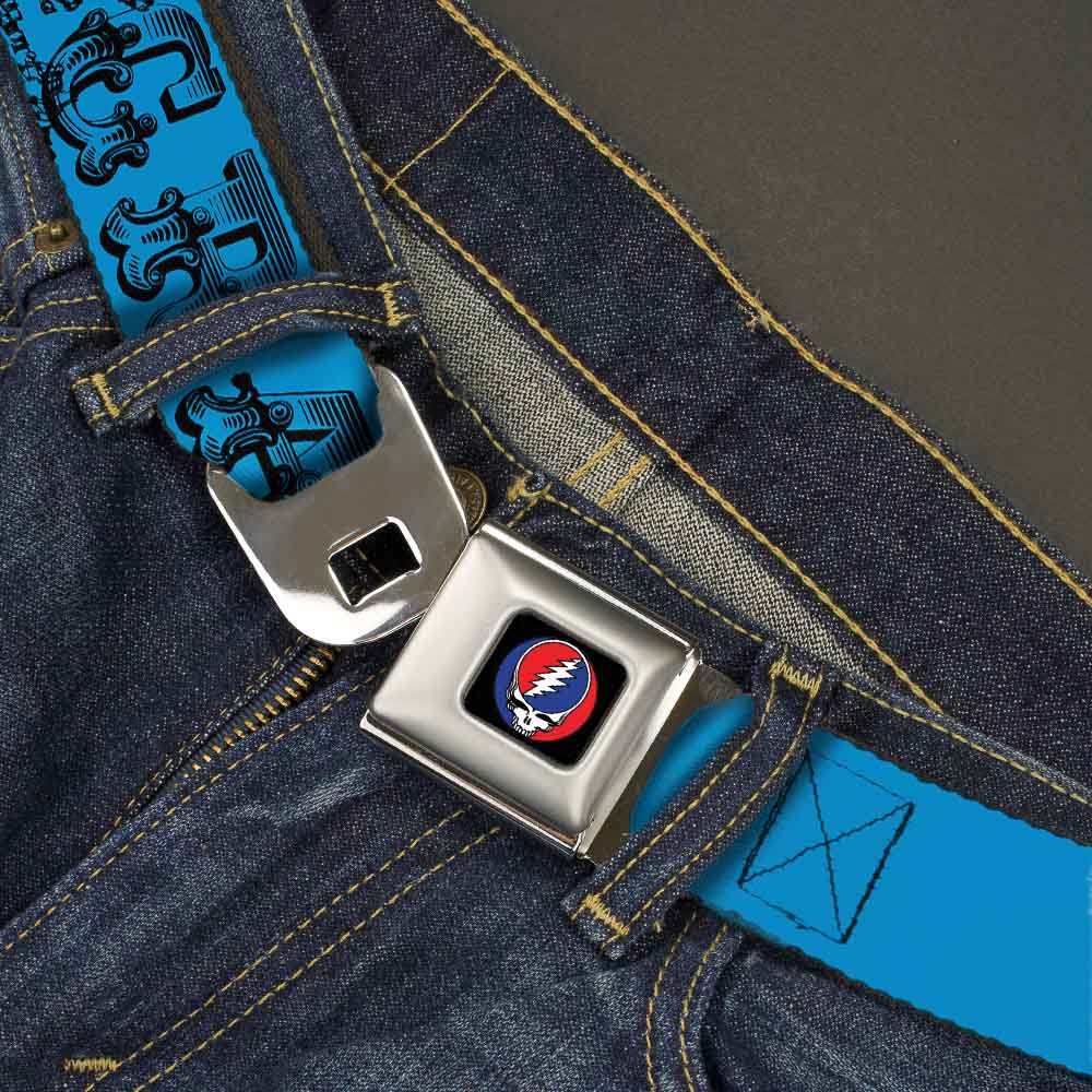 Steal Your Face Seatbelt Belt - Grateful Dead Text w/Skull & Roses Turquoise Webbing Seatbelt Belts Grateful Dead