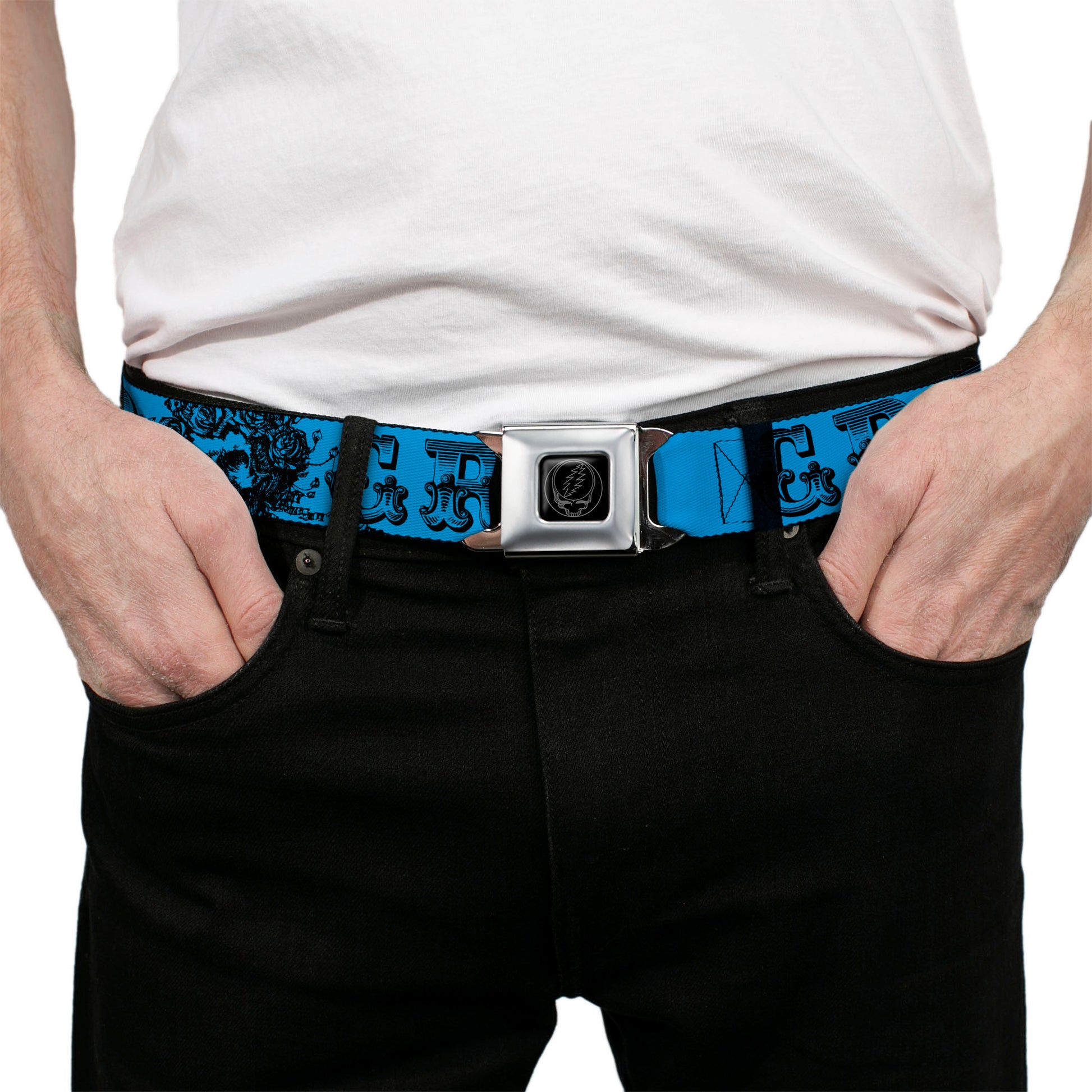 Steal Your Face Seatbelt Belt - Grateful Dead Text w/Skull & Roses Turquoise Webbing Seatbelt Belts Grateful Dead