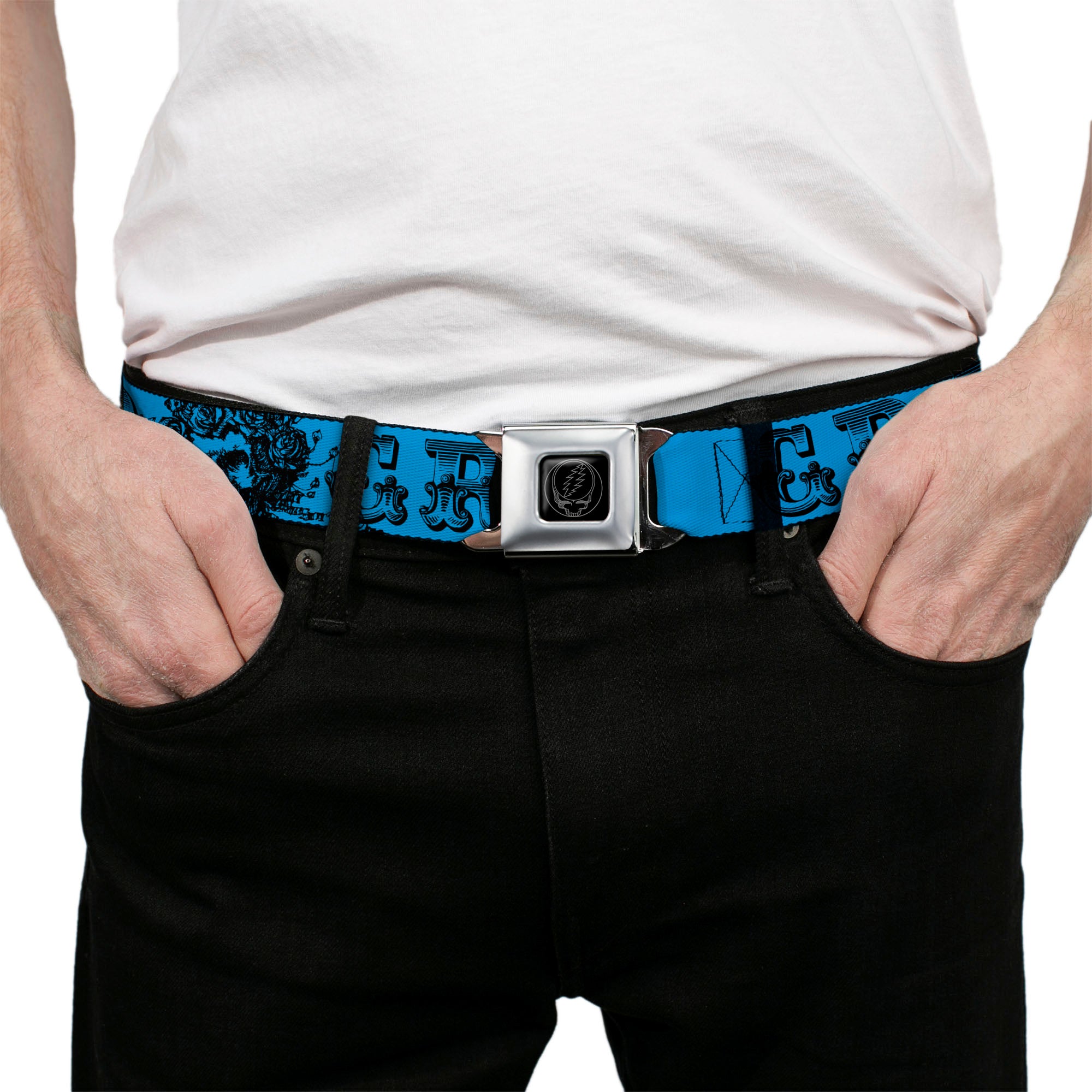 Steal Your Face Seatbelt Belt - Grateful Dead Text w/Skull & Roses Turquoise Webbing Seatbelt Belts Grateful Dead