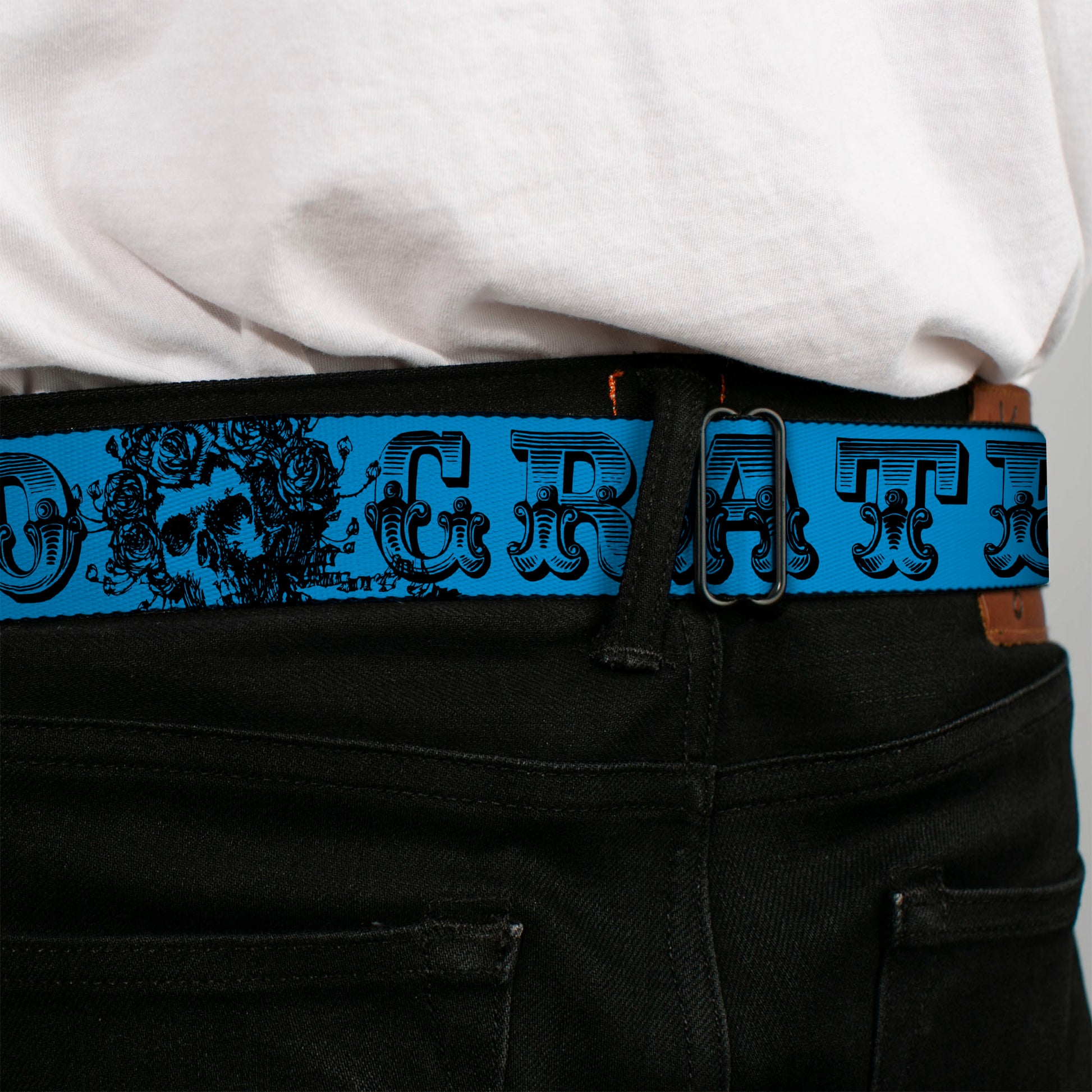 Steal Your Face Seatbelt Belt - Grateful Dead Text w/Skull & Roses Turquoise Webbing Seatbelt Belts Grateful Dead