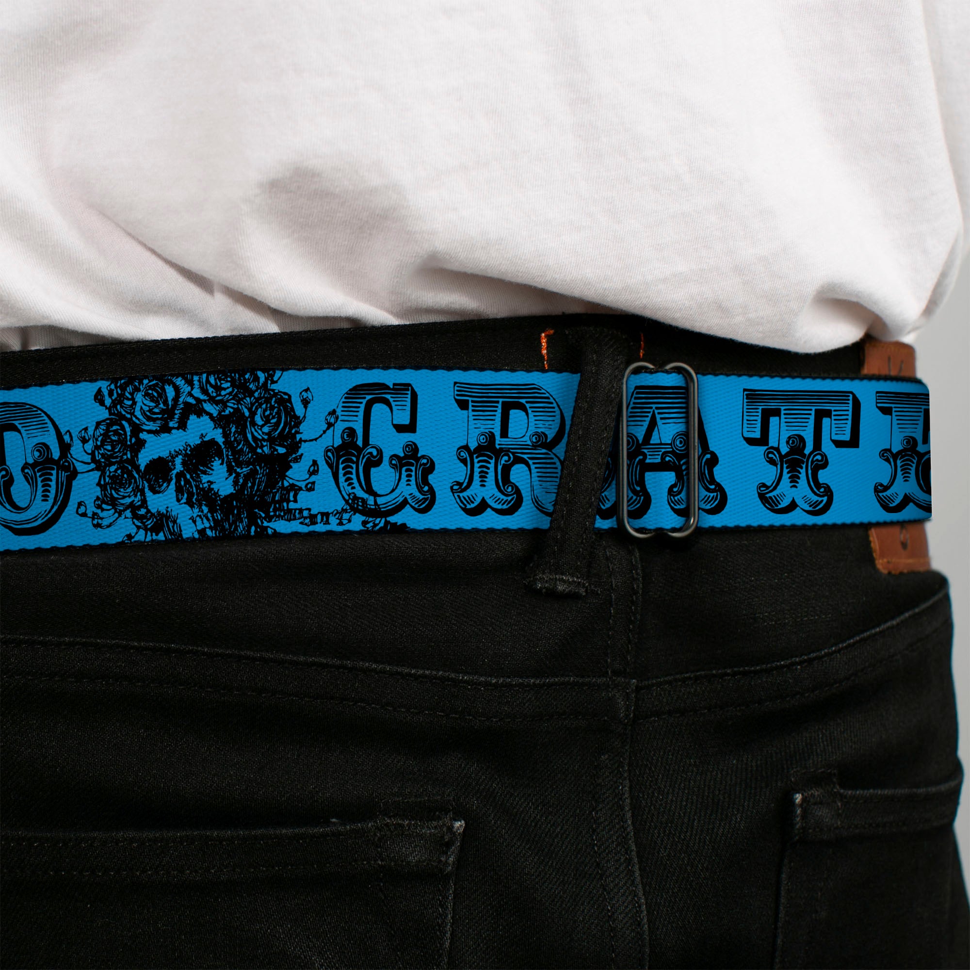 Steal Your Face Seatbelt Belt - Grateful Dead Text w/Skull & Roses Turquoise Webbing Seatbelt Belts Grateful Dead