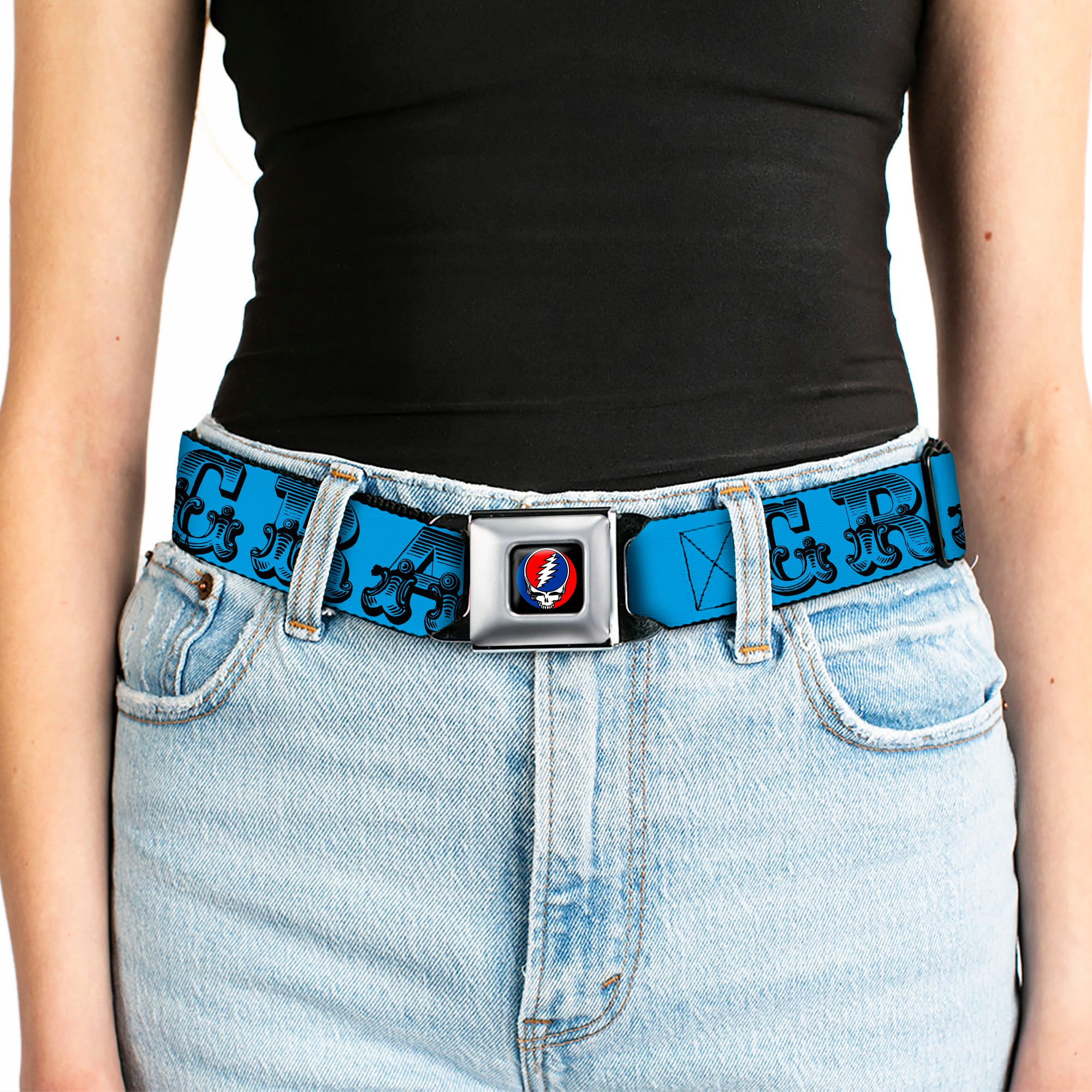 Steal Your Face Seatbelt Belt - Grateful Dead Text w/Skull & Roses Turquoise Webbing Seatbelt Belts Grateful Dead