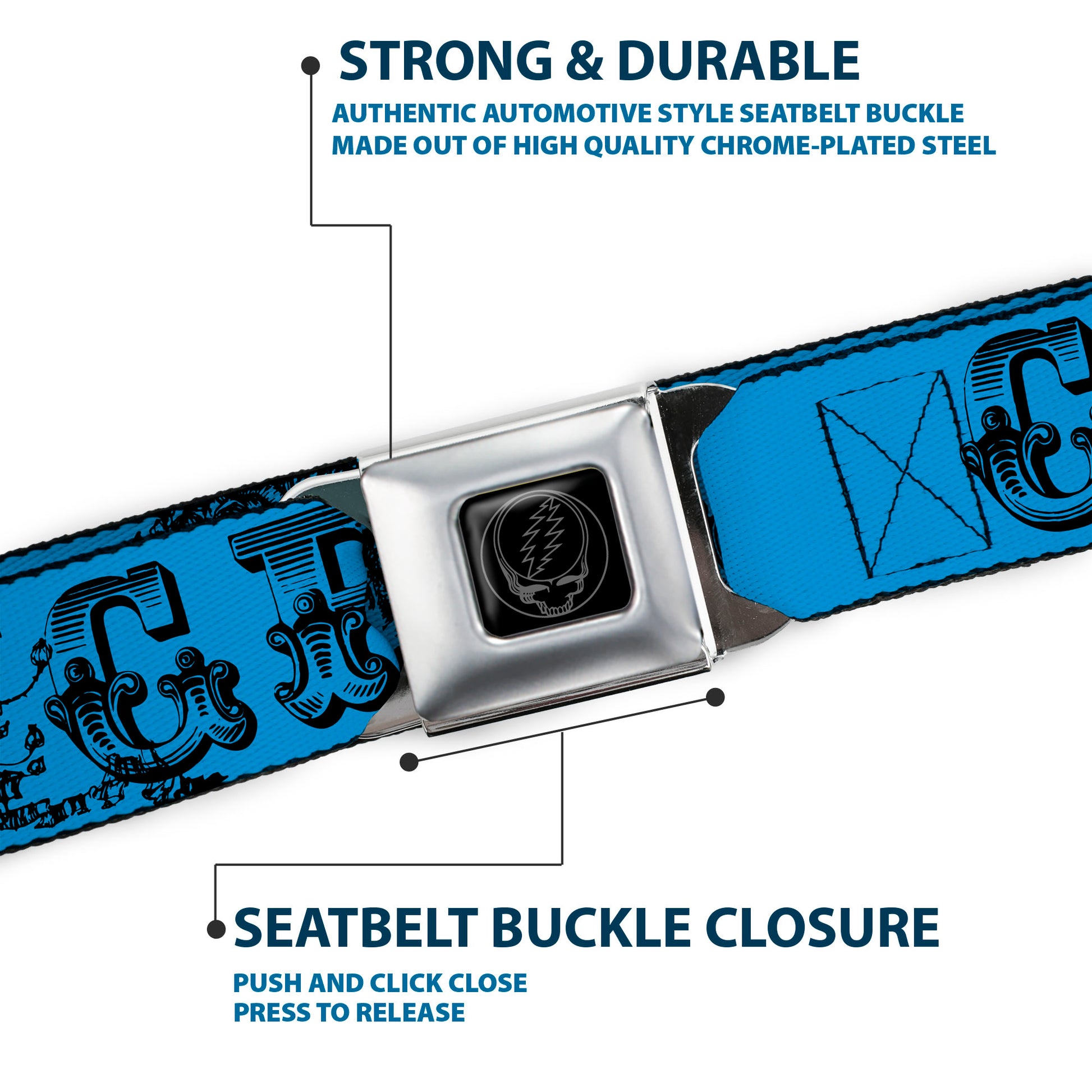 Steal Your Face Seatbelt Belt - Grateful Dead Text w/Skull & Roses Turquoise Webbing Seatbelt Belts Grateful Dead