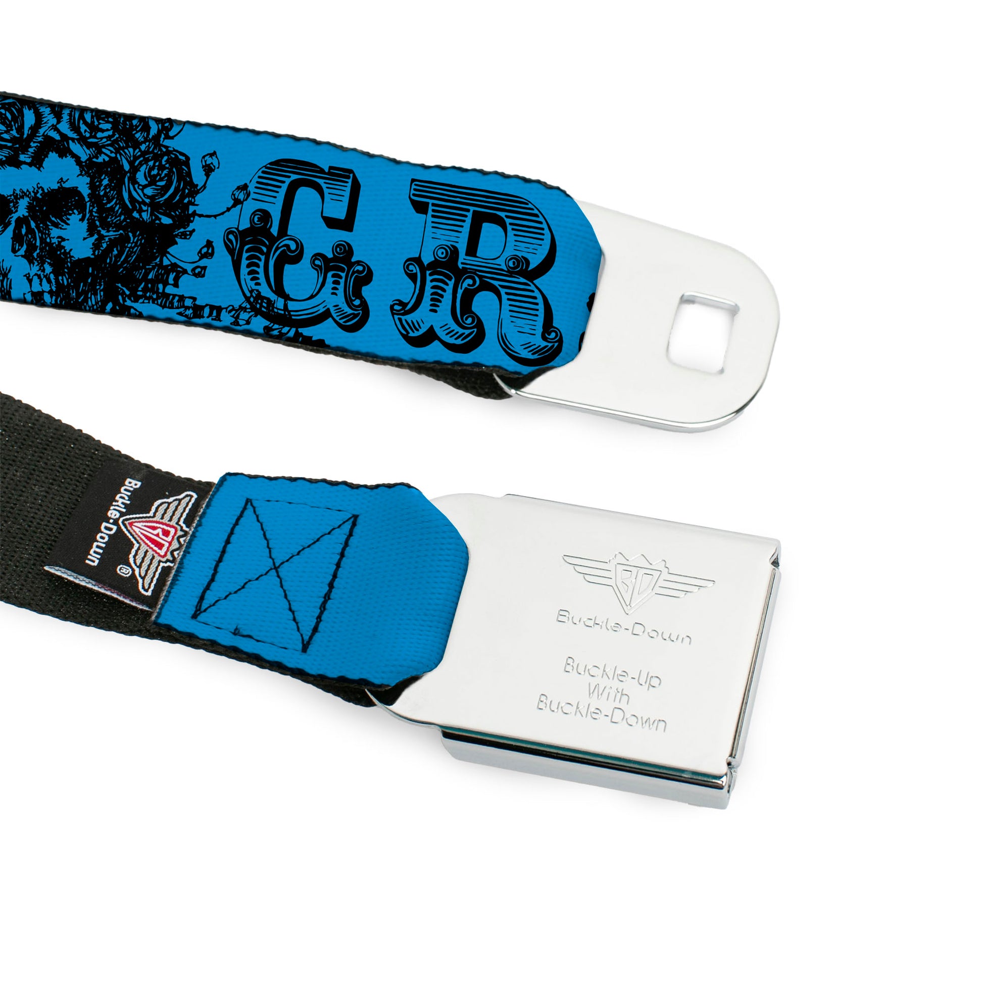 Steal Your Face Seatbelt Belt - Grateful Dead Text w/Skull & Roses Turquoise Webbing Seatbelt Belts Grateful Dead