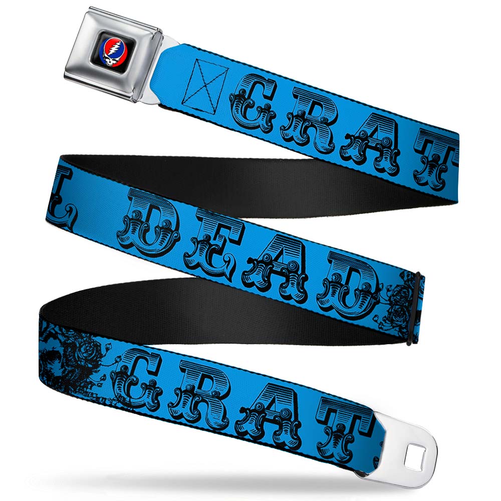 Steal Your Face Seatbelt Belt - Grateful Dead Text w/Skull & Roses Turquoise Webbing Seatbelt Belts Grateful Dead