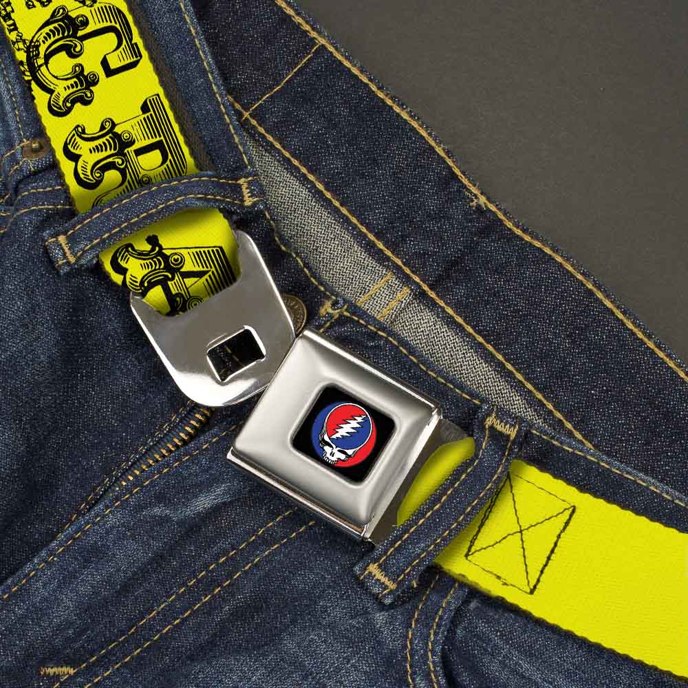 Steal Your Face Seatbelt Belt - Grateful Dead Text w/Skull & Roses Yellow Webbing Seatbelt Belts Grateful Dead